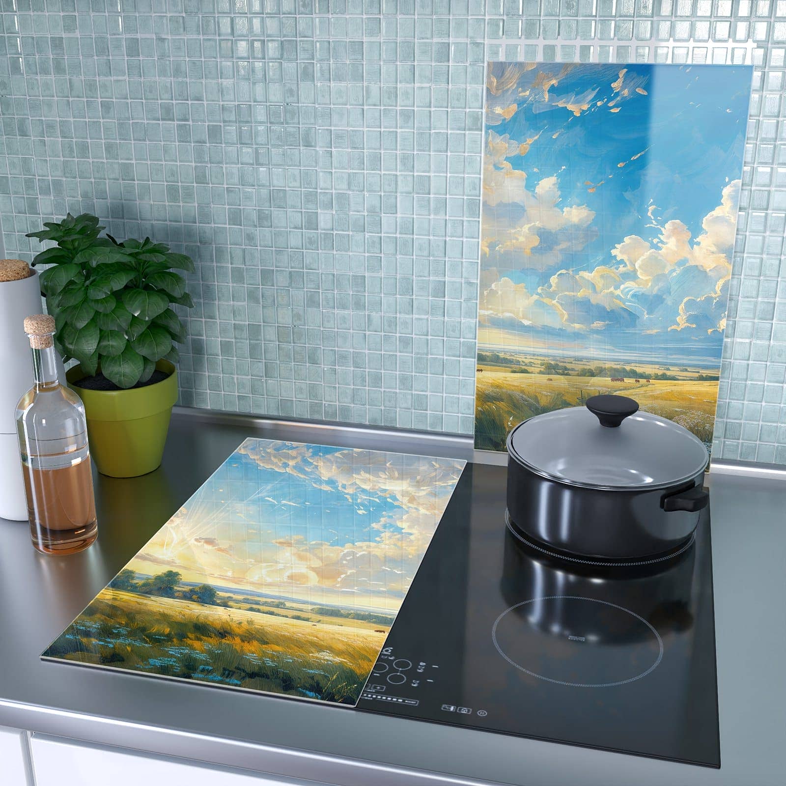 2-teilige Herdabdeckplatten für Ceranfeld mit Landschaft mit Wolken-Motiv als Spritzschutz hinter dem Kochfeld