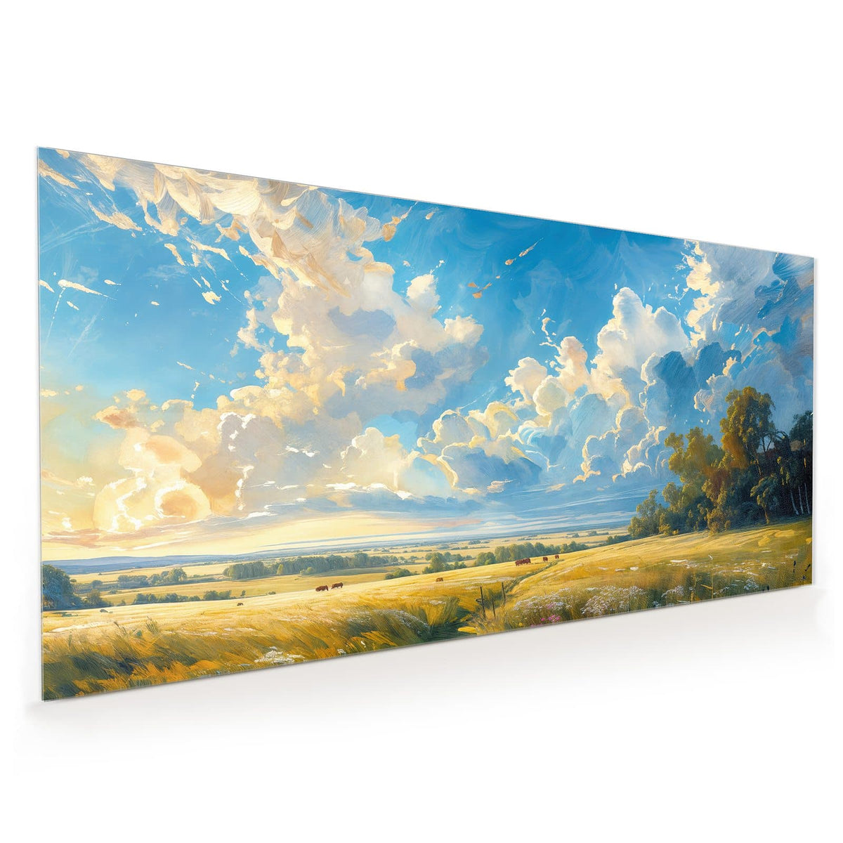 Küchenrückwand aus Glas im Hochformat: Gemaltes goldenes Feld mit Pfad und Kühen unter weitem Wolkenhimmel