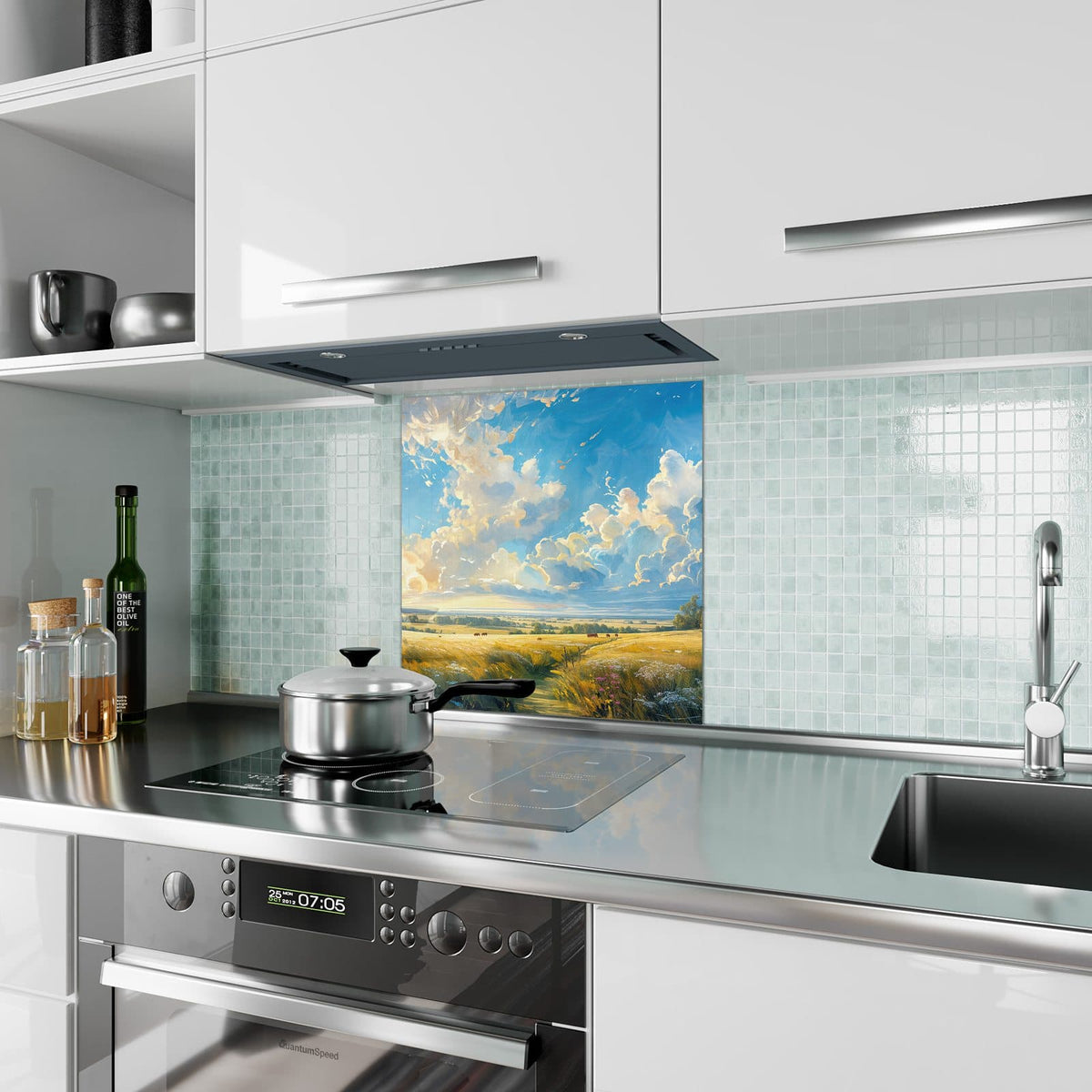 Küchenrückwand aus Glas Wolkenhimmel über Feld im quadratischen Format als Spritzschutz hinter dem Kochfeld, über dem Fliesenspiegel montiert
