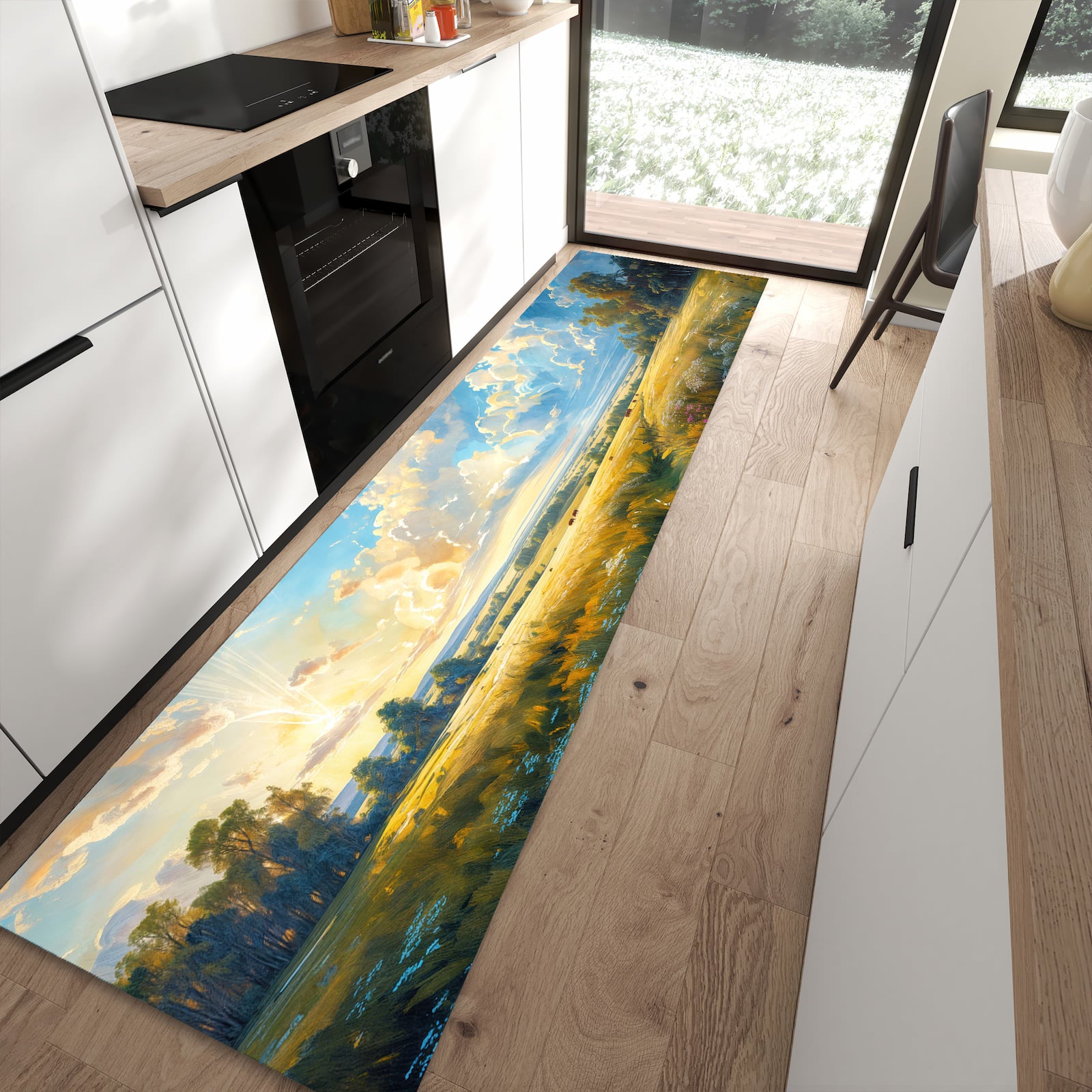 Komfortabler Küchenteppich mit Motiv Landschaft mit Wolken in moderner Küche