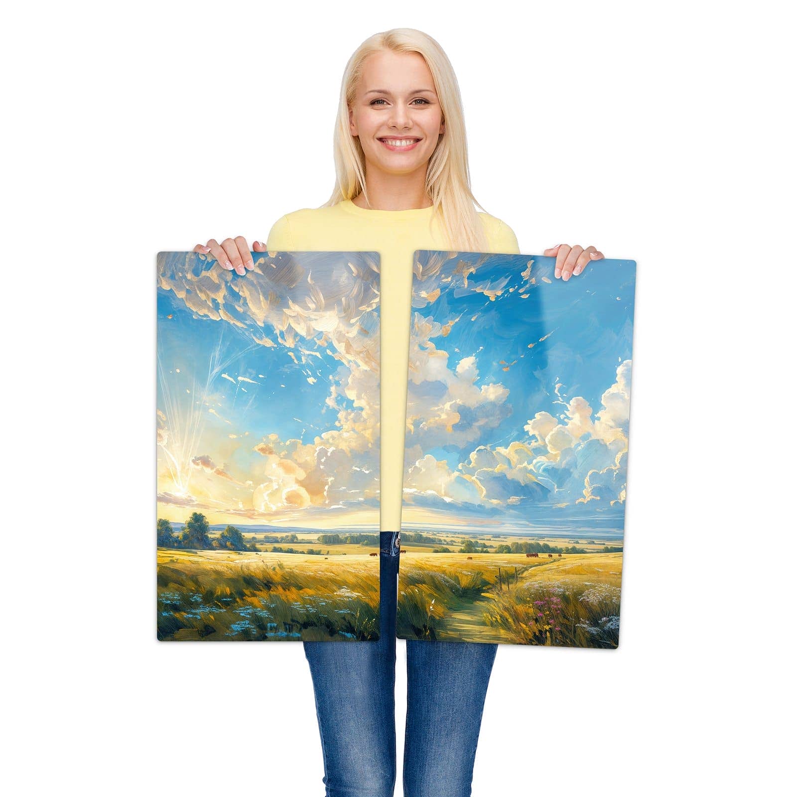 2-teilige Herd Glasplatte mit Landschaft mit Wolken-Motiv wird zur Größendarstellung gehalten