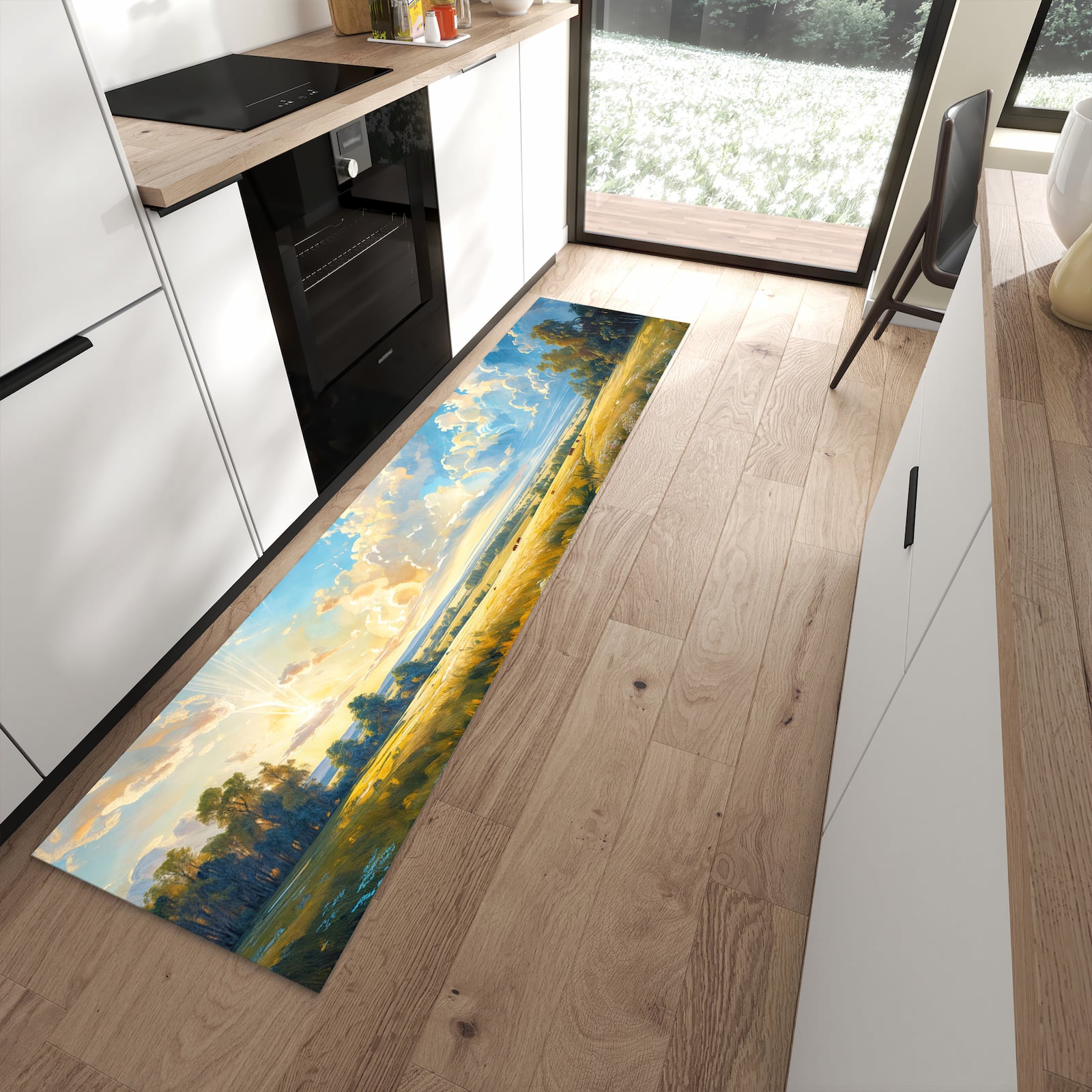 Wasserabweisender Küchenteppich mit Motiv Landschaft mit Wolken in moderner Küche