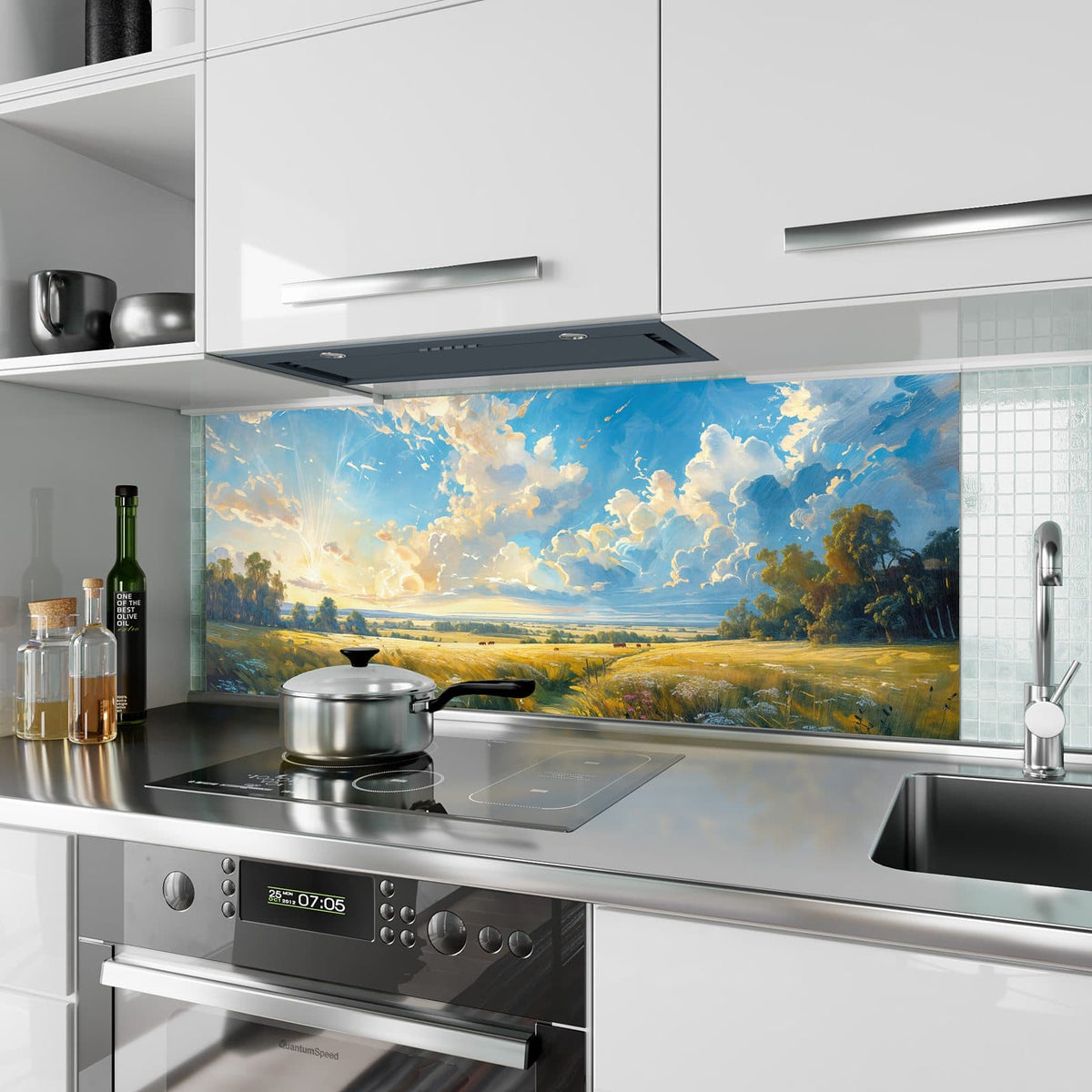 Küchenrückwand aus Glas Wolkenhimmel über Feld im Hochformat als Spritzschutz hinter dem Kochfeld, über dem Fliesenspiegel montiert
