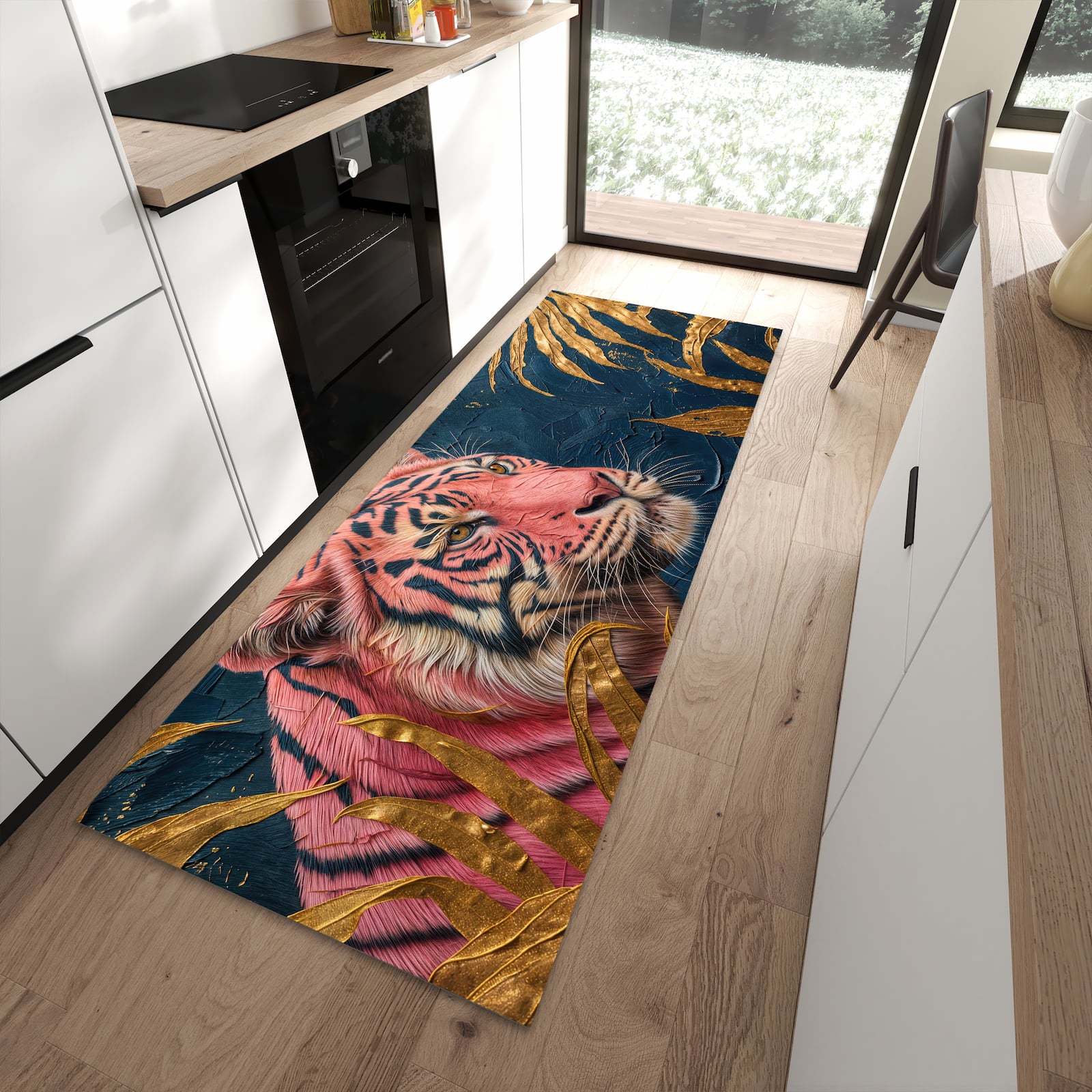 Geräuschdämpfender waschbarer Küchenläufer mit Motiv Tiger Porträt in moderner Küche