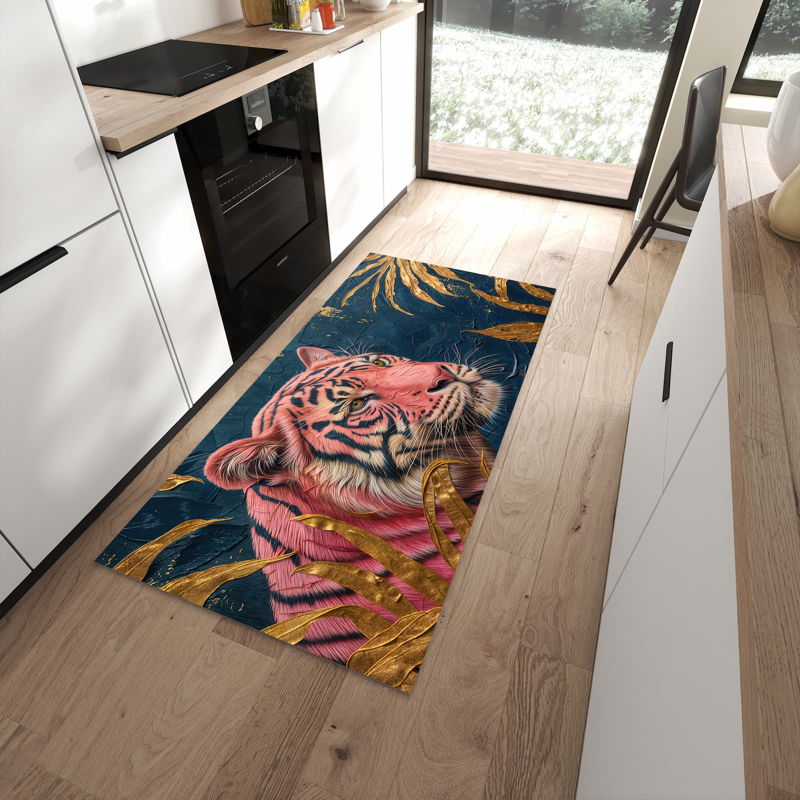 Zeitsparender Küchenläufer nach Maß mit Motiv Tiger Porträt in moderner Küche