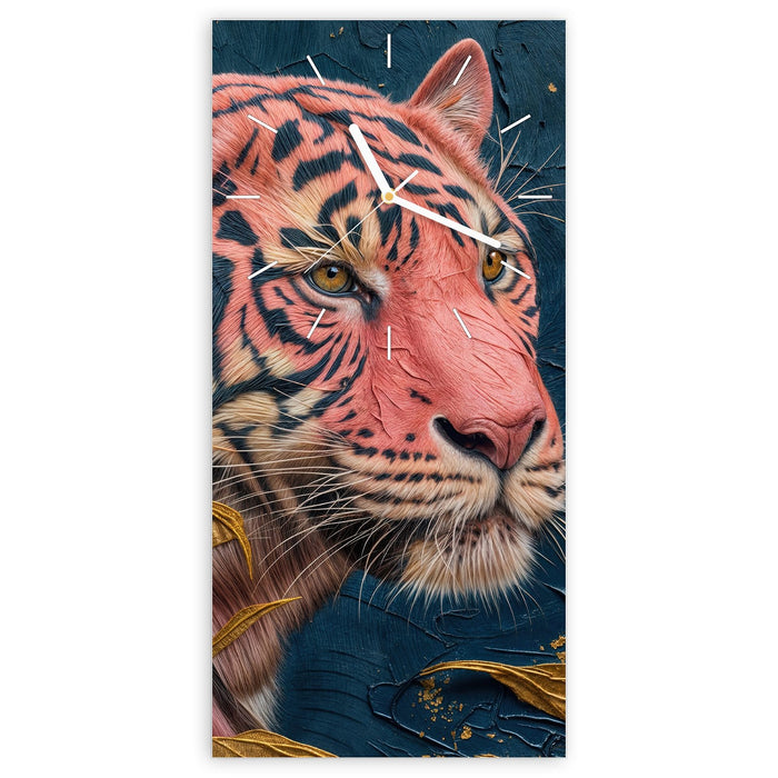 Wanduhr Tiger Porträt aus Glas – Hochformat 30 × 60 cm mit Ziffernblatt Linie