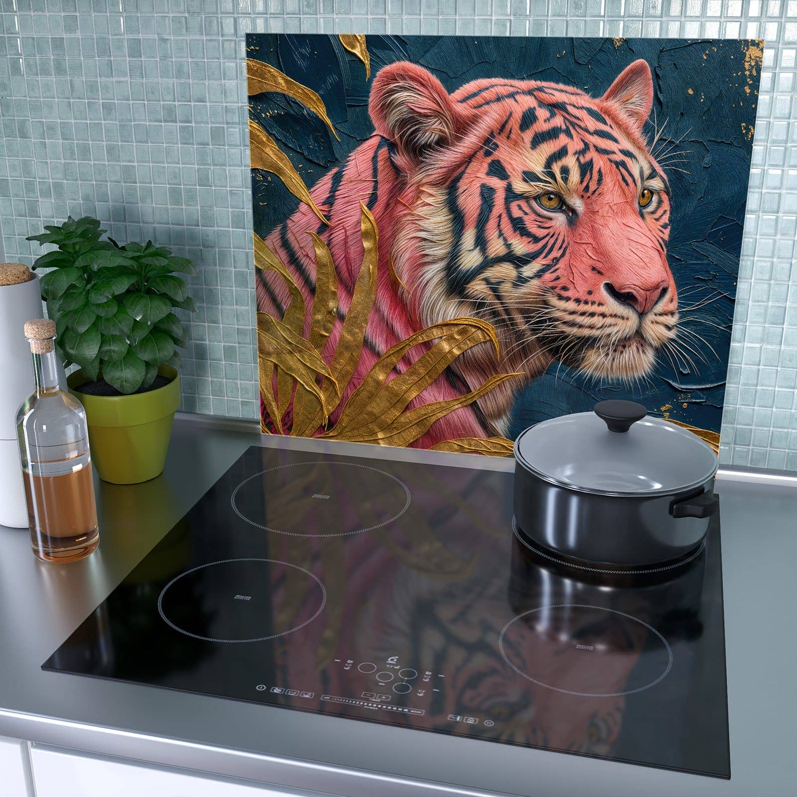 1-teilige Herd Schutzplatte mit Tiger Porträt-Motiv als Spritzschutz hinter dem Kochfeld
