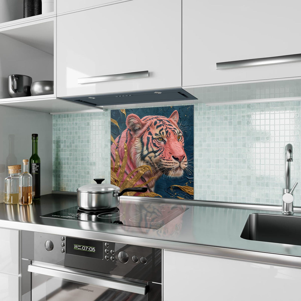 Küchenrückwand Pinker Tiger aus Glas – Pinker Tiger mit goldenen Blättern
