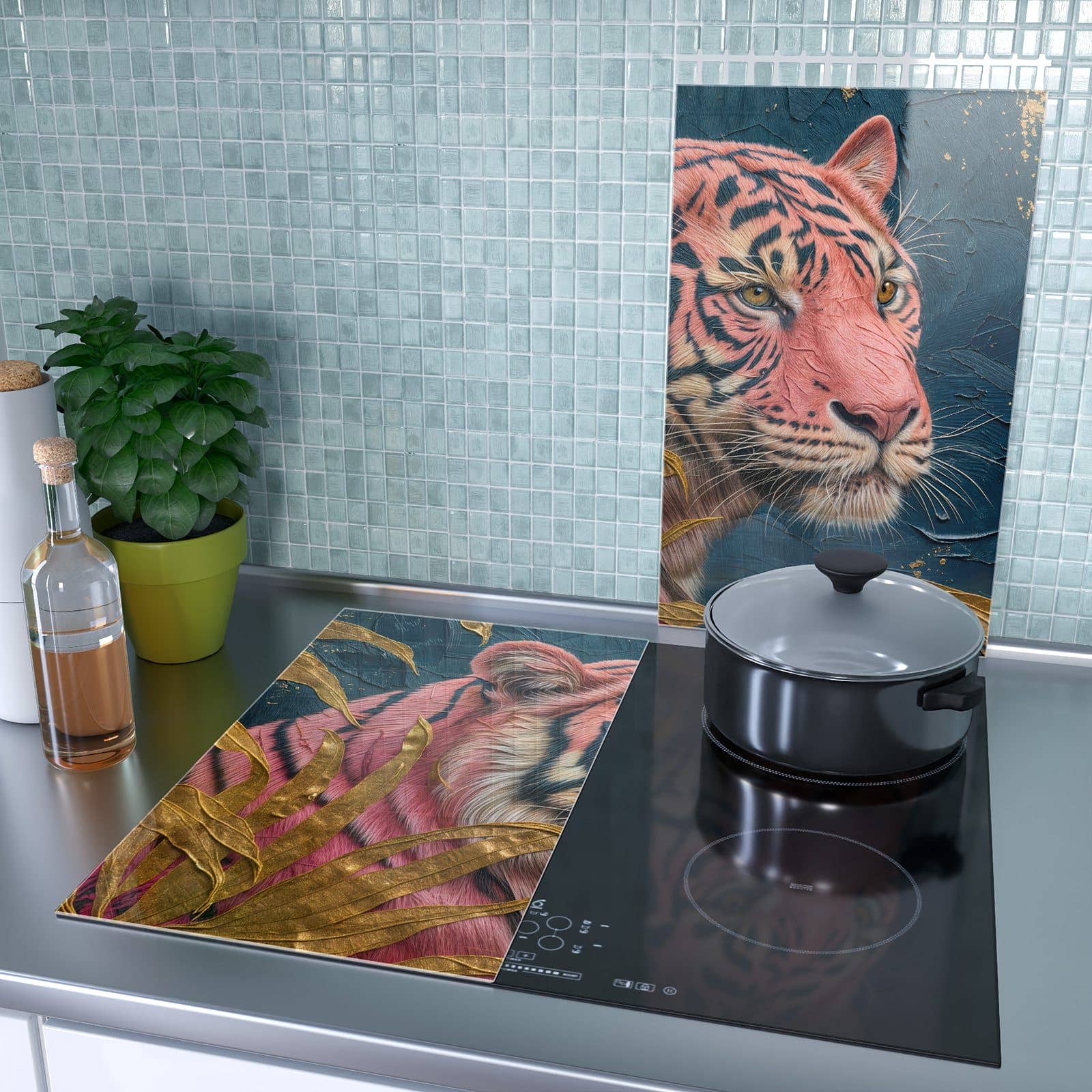 2-teilige Ceranfeld Abdeckplatten mit Tiger Porträt-Motiv als Spritzschutz hinter dem Kochfeld