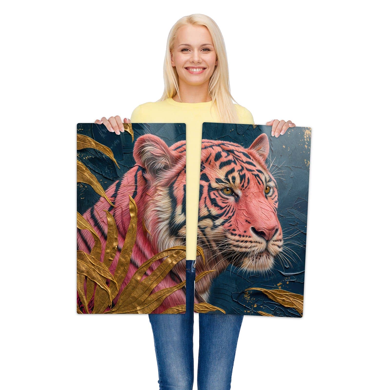 2-teilige Abdeckplatten für den Herd mit Tiger Porträt-Motiv wird zur Größendarstellung gehalten