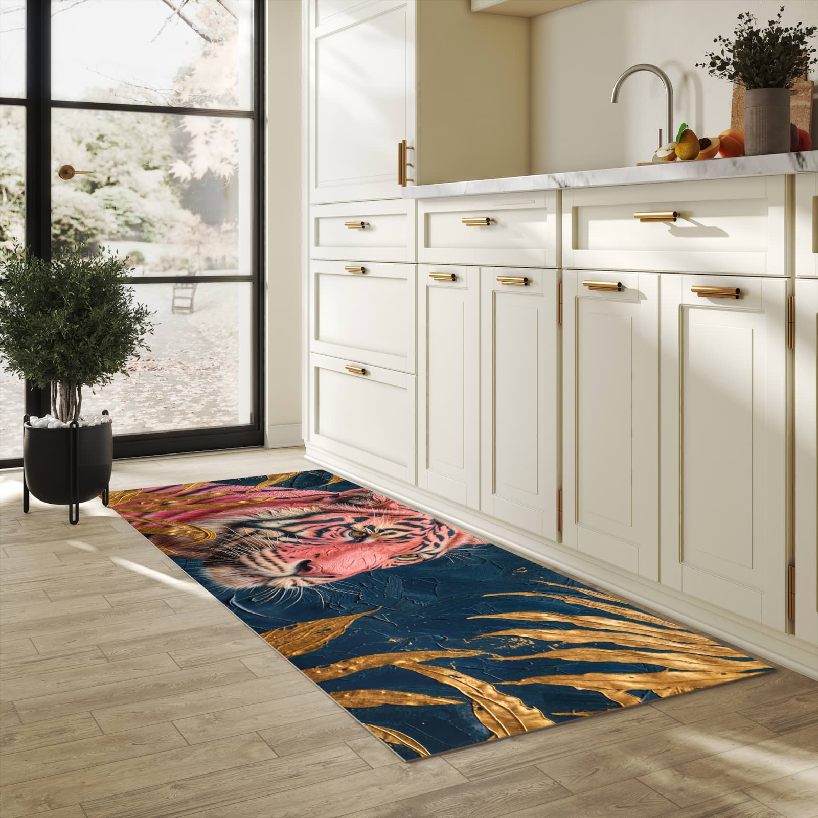 Langlebiger Bodenläufer mit Motiv Tiger Porträt in heller Küche