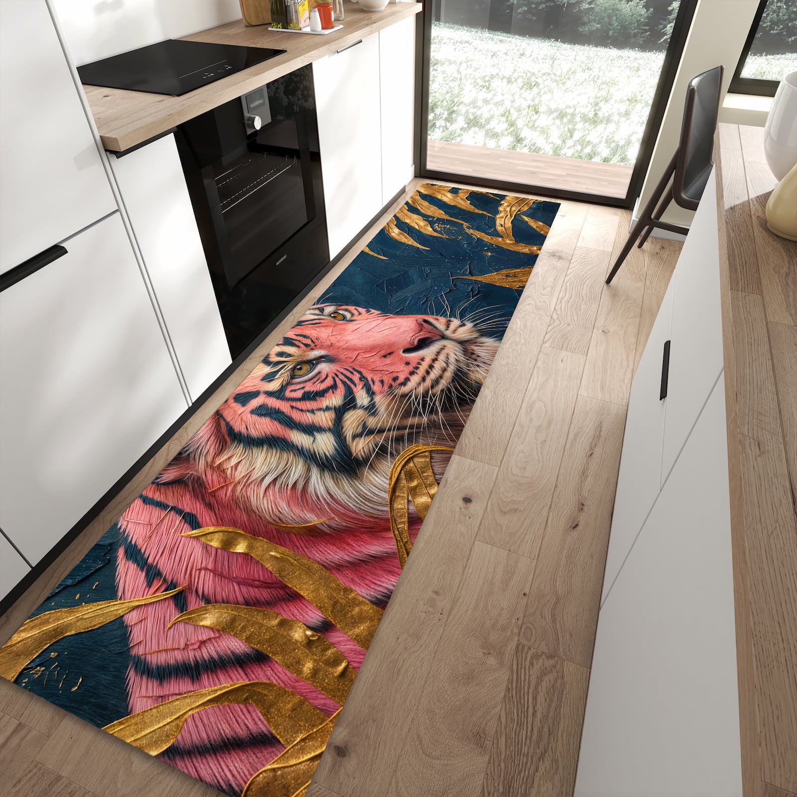 Sicherer Küchenläufer mit Motiv Tiger Porträt in moderner Küche