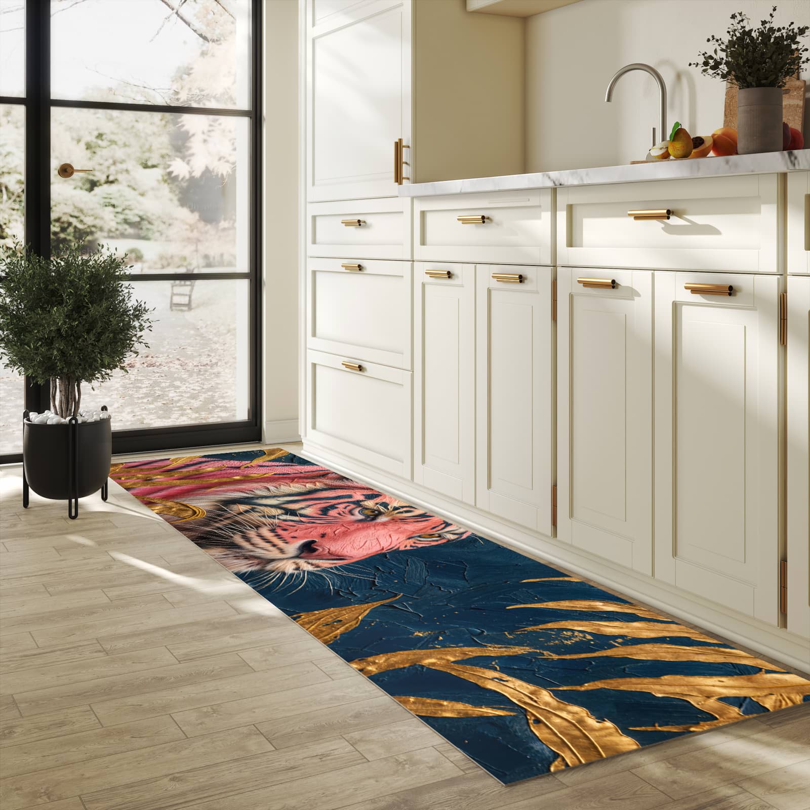 Strapazierfähiger Teppich für Esstisch mit Motiv Tiger Porträt in heller Küche