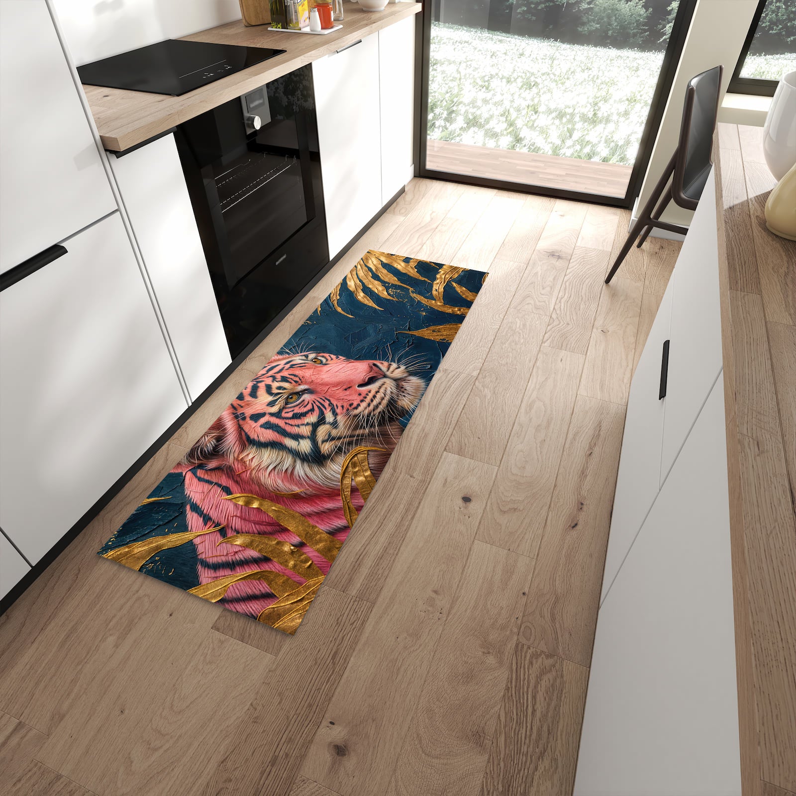 Langlebiger Küchenläufer mit Motiv Tiger Porträt in moderner Küche