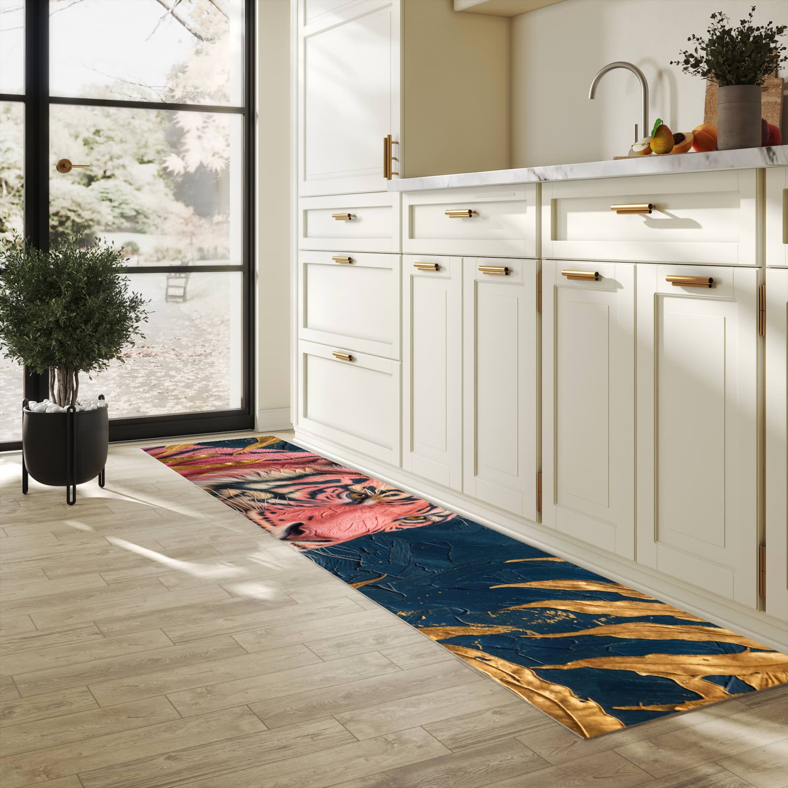 Komfortabler Läufer mit Motiv Tiger Porträt in heller Küche für rutschfesten Stand