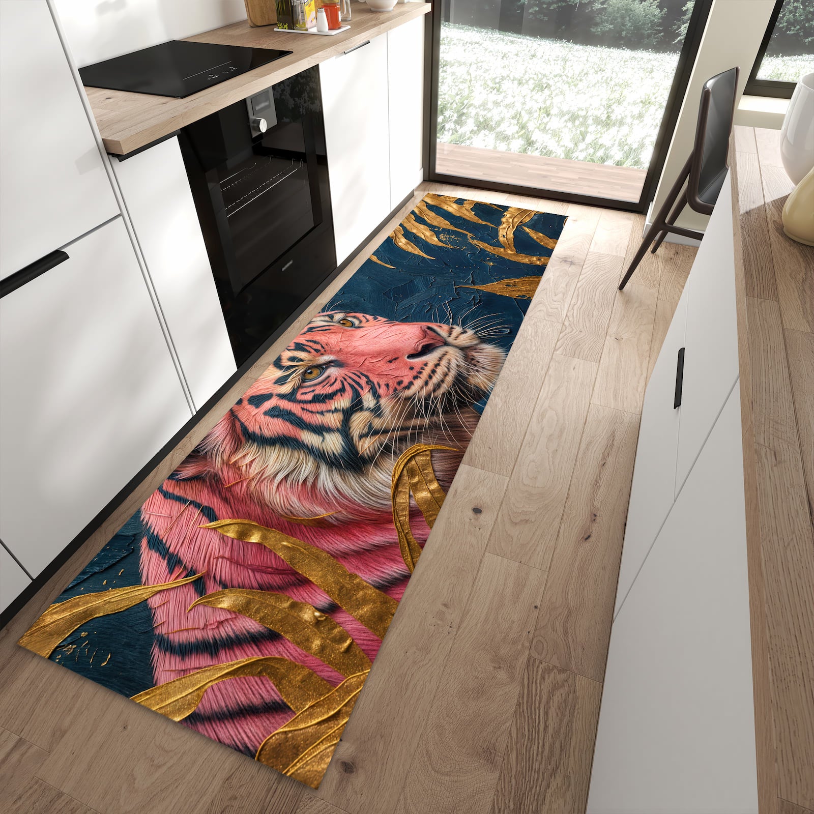 Formstabiler rutschfester Küchenläufer mit Motiv Tiger Porträt in moderner Küche