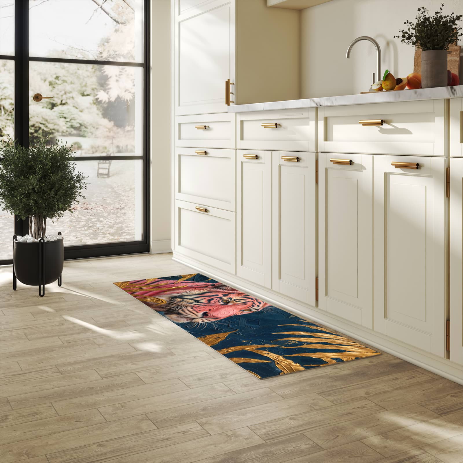 Langlebiger waschbarer Küchenläufer mit Motiv Tiger Porträt in heller Küche