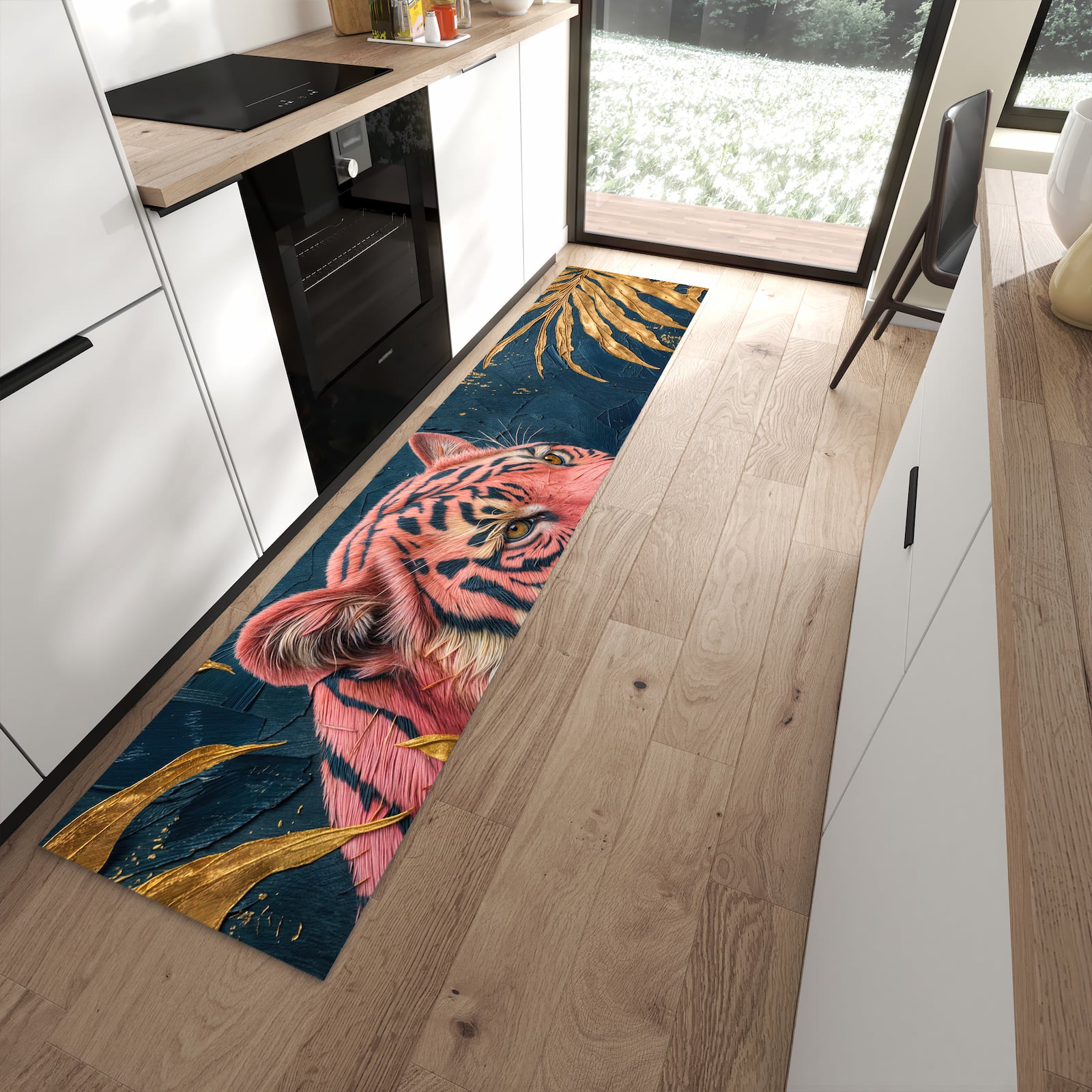 Feuchtigkeitsresistenter Küchenläufer mit Motiv Tiger Porträt in moderner Küche