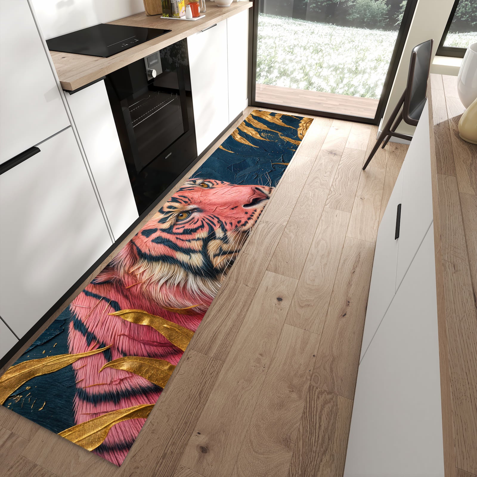 Rutschfester Küchenläufer mit Motiv Tiger Porträt schützt Böden in moderner Küche