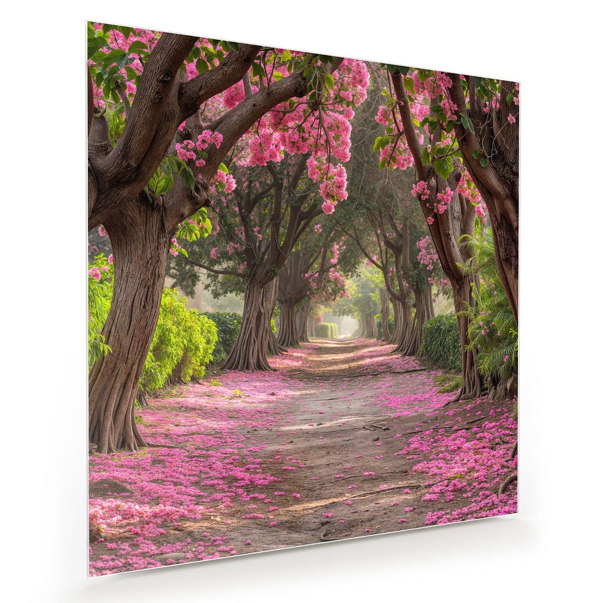 Sandweg unter alten Bäumen voller rosa Blüten, Boden mit Blütenblättern bedeckt