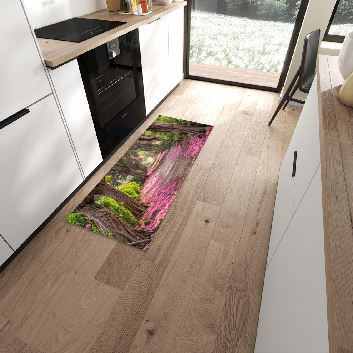 Wasserabweisender Teppich für Esstisch mit Motiv Blütenallee in moderner Küche #grösse_60 x 150 cm