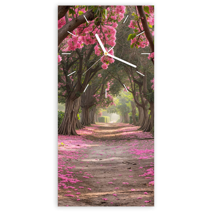 Wanduhr Blütenallee aus Glas – Hochformat 30 × 60 cm mit Ziffernblatt Linie