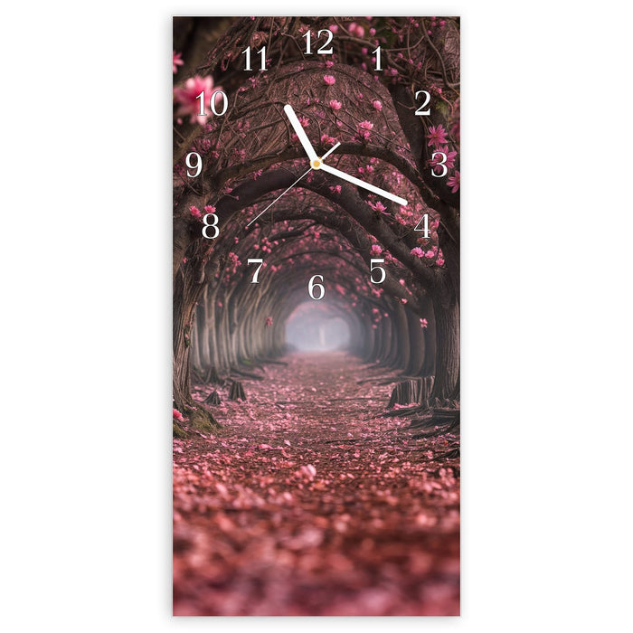 Wanduhr Blütenweg aus Glas – Hochformat 30 × 60 cm mit Ziffernblatt Klassisch