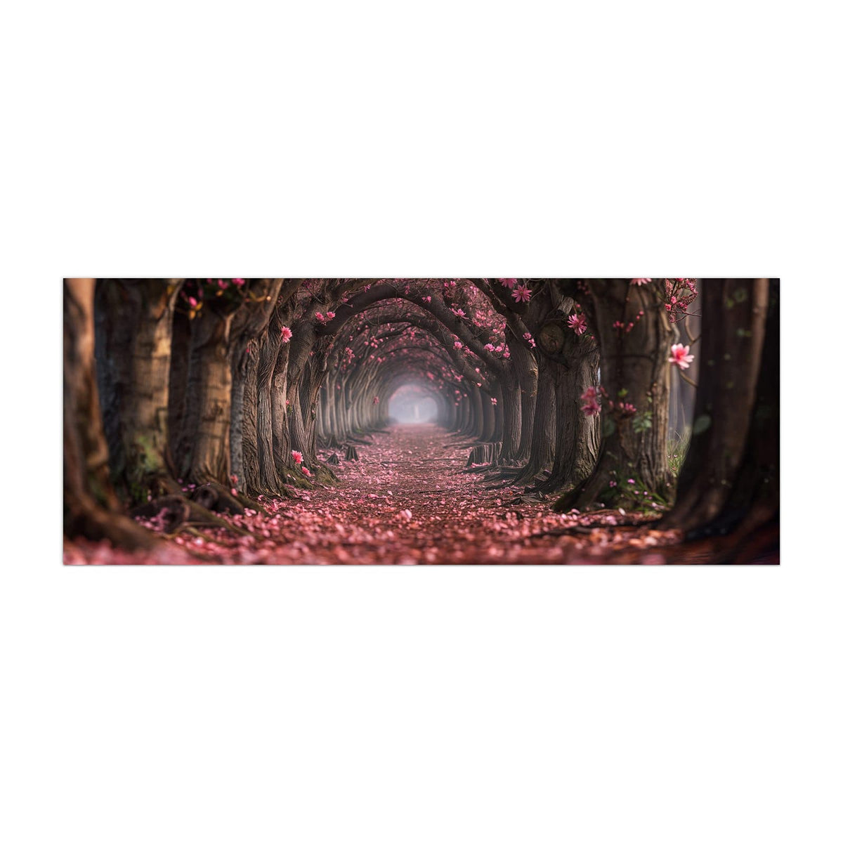 Küchenrückwand aus Glas Rosa Blütentunnel im Hochformat, Motiv bildfüllend von vorn