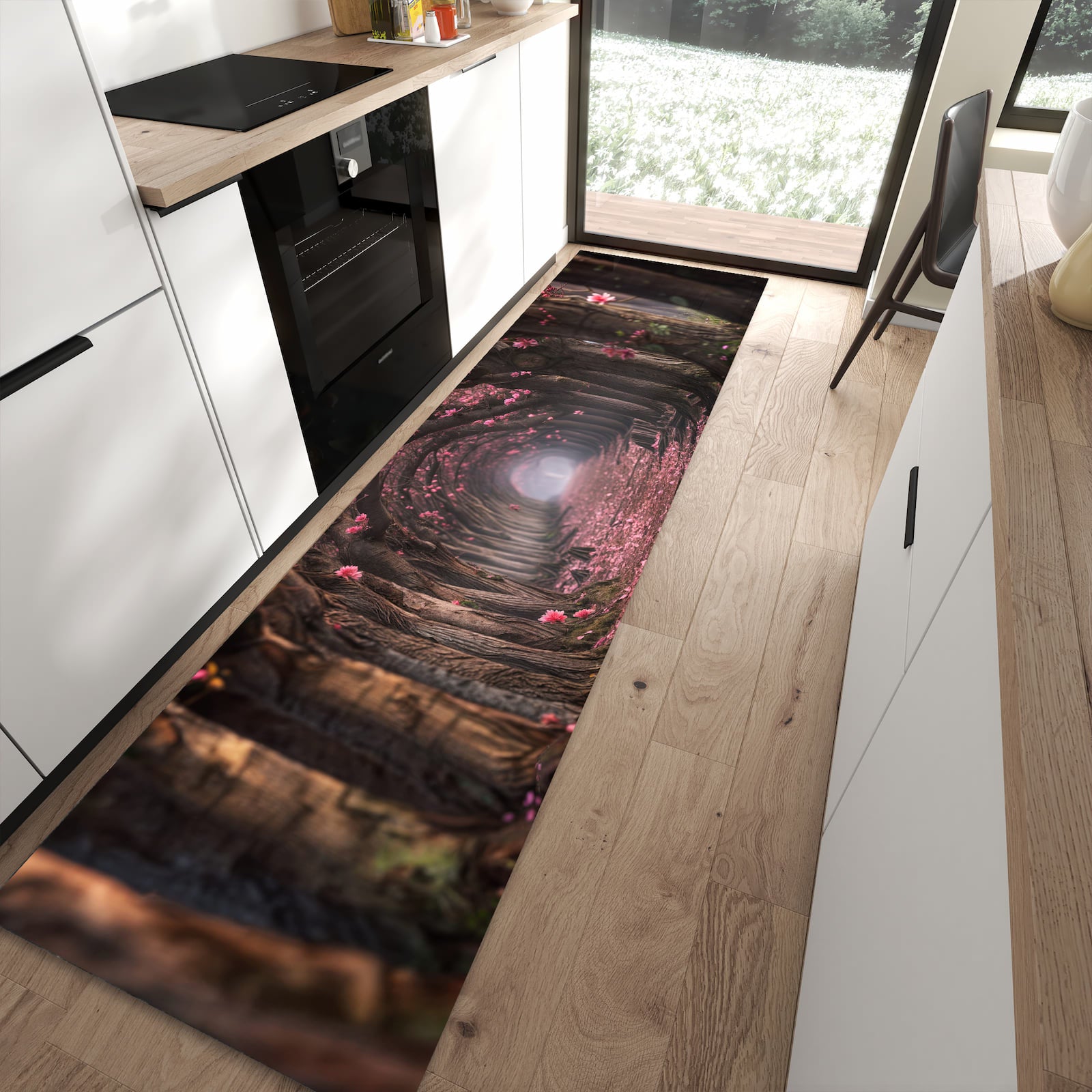 Geräuschdämpfender dünner Teppich mit Motiv Blütenweg in moderner Küche