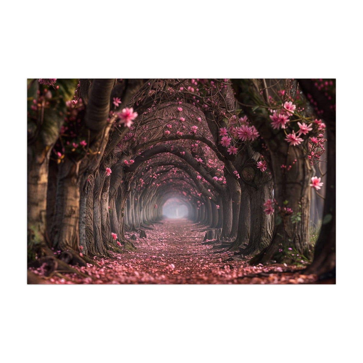 Küchenrückwand aus Glas Rosa Blütentunnel im Hochformat, Motiv bildfüllend von vorn