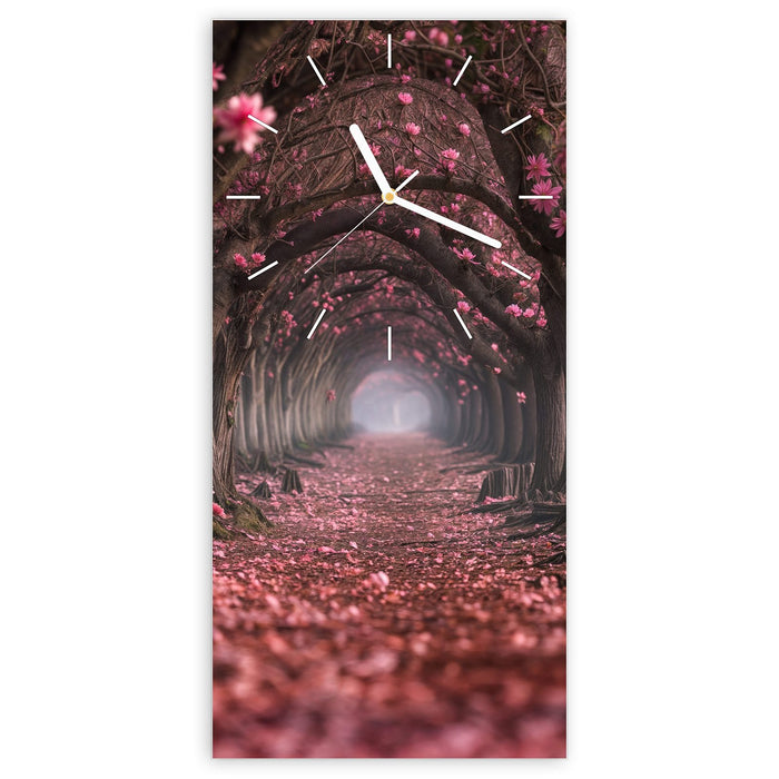 Wanduhr Blütenweg aus Glas – Hochformat 30 × 60 cm mit Ziffernblatt Linie