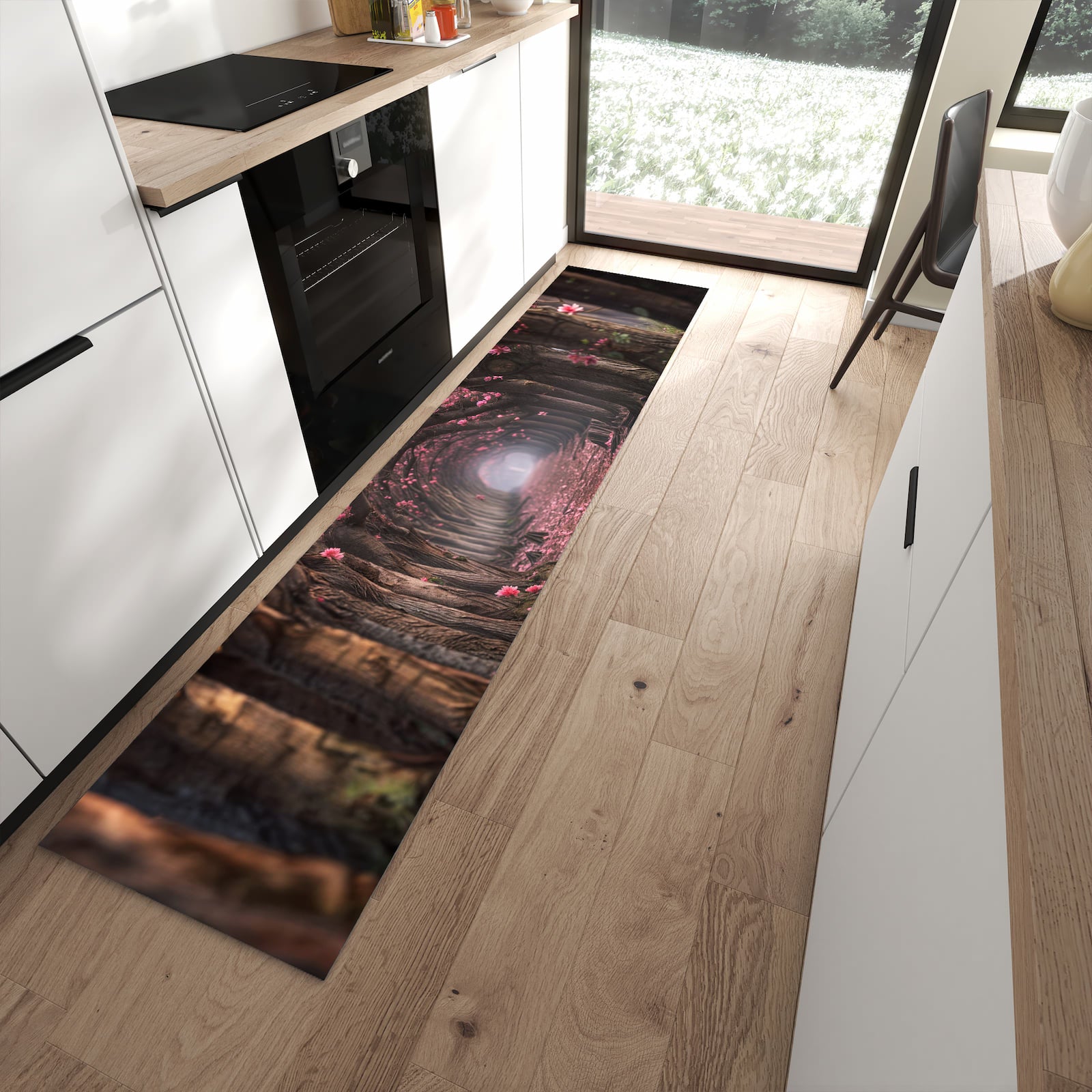 Ordnungsschaffender Teppichläufer mit Motiv Blütenweg in moderner Küche