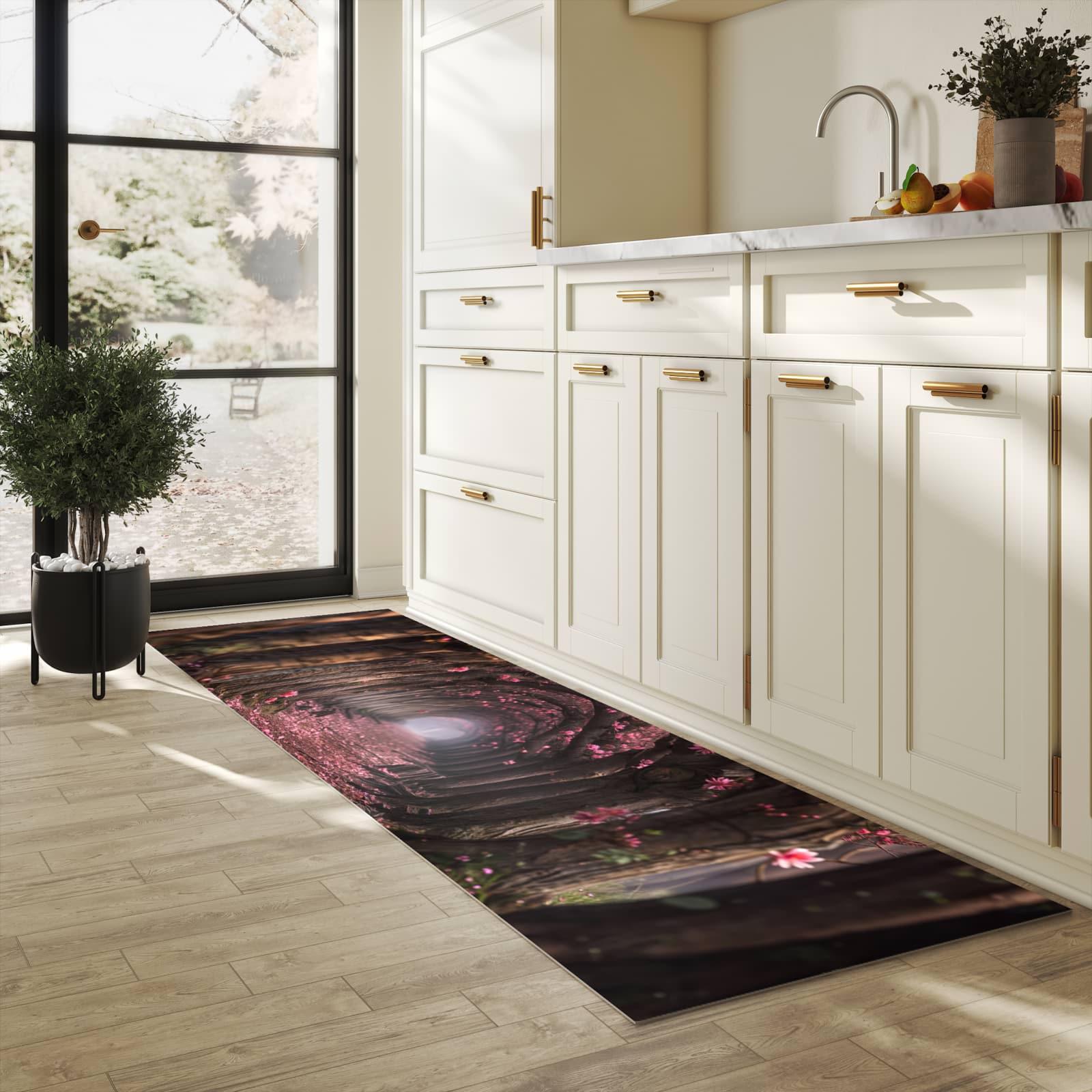 Abwaschbarer Küchenteppich mit Motiv Blütenweg in heller Küche