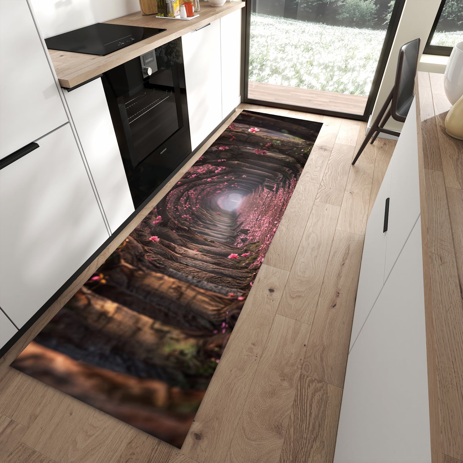 Zeitsparender rutschfester Läufer mit Motiv Blütenweg in moderner Küche