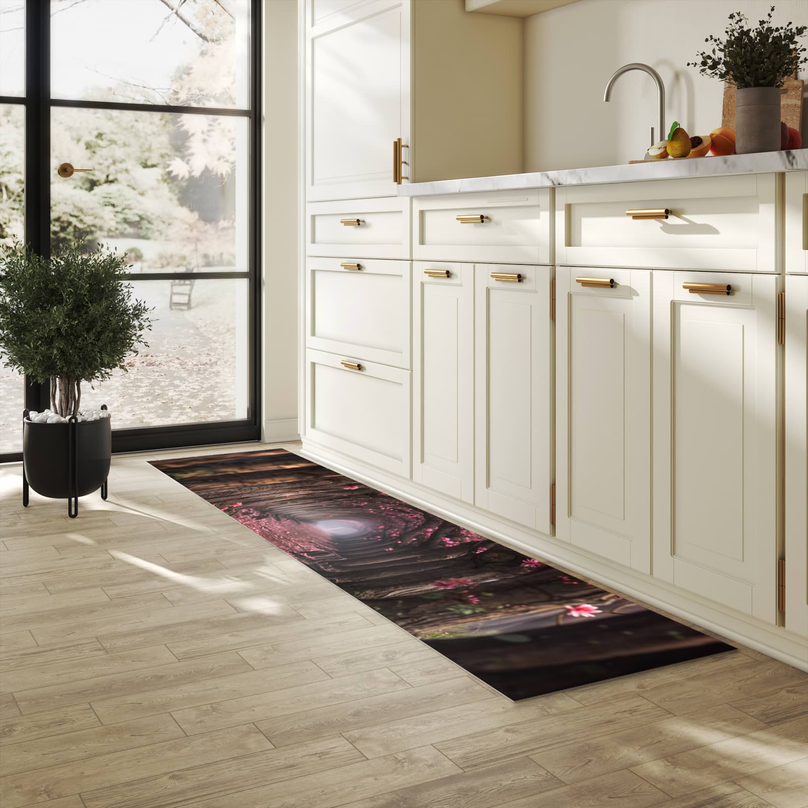 Rutschfester Küchenläufer mit Motiv Blütenweg in heller Küche