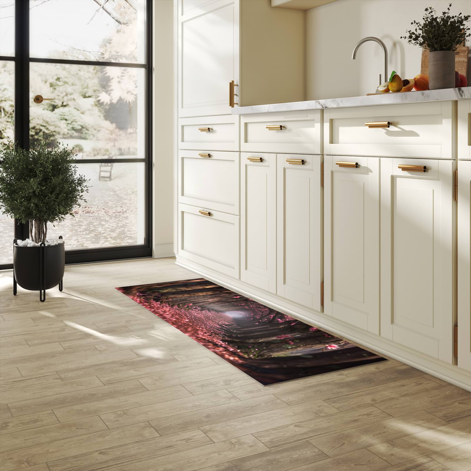 Pflegeleichter waschbarer Küchenläufer mit Motiv Blütenweg in heller Küche