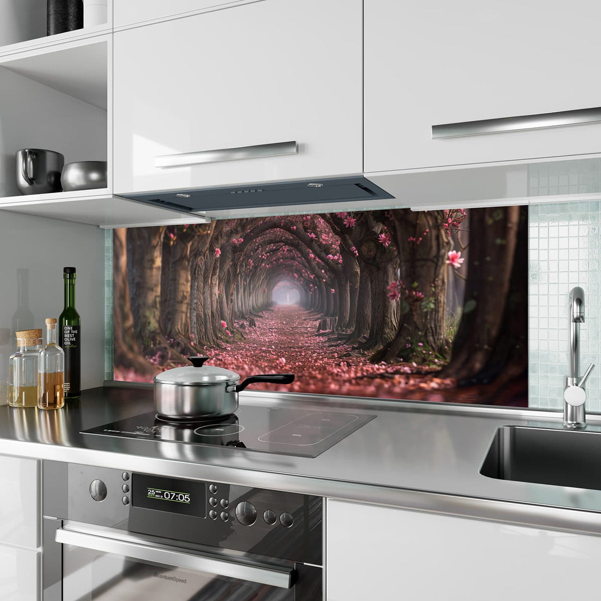 Küchenrückwand aus Glas Rosa Blütentunnel im Hochformat als Spritzschutz hinter dem Kochfeld, über dem Fliesenspiegel montiert