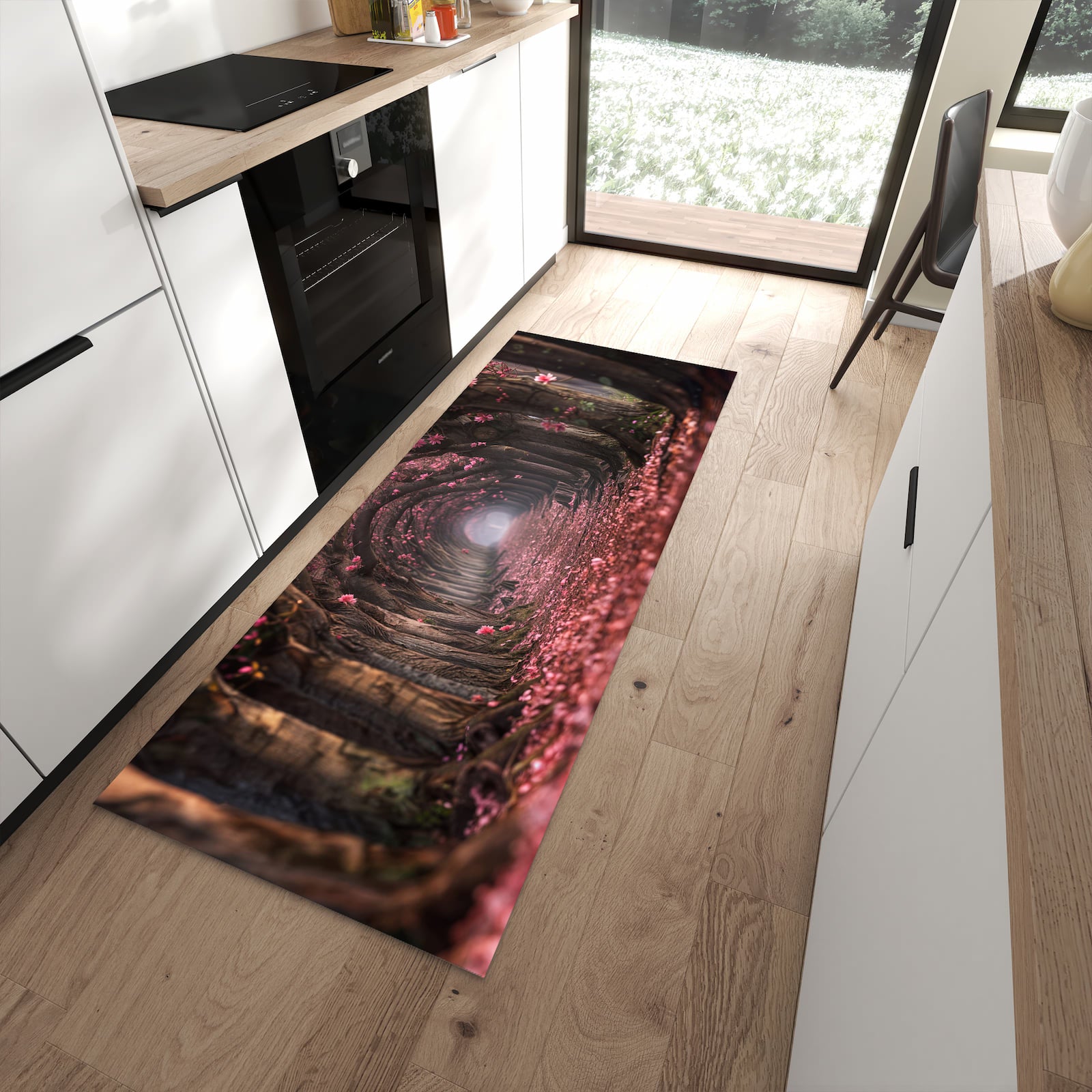 Formstabiler langer Teppich mit Motiv Blütenweg in moderner Küche