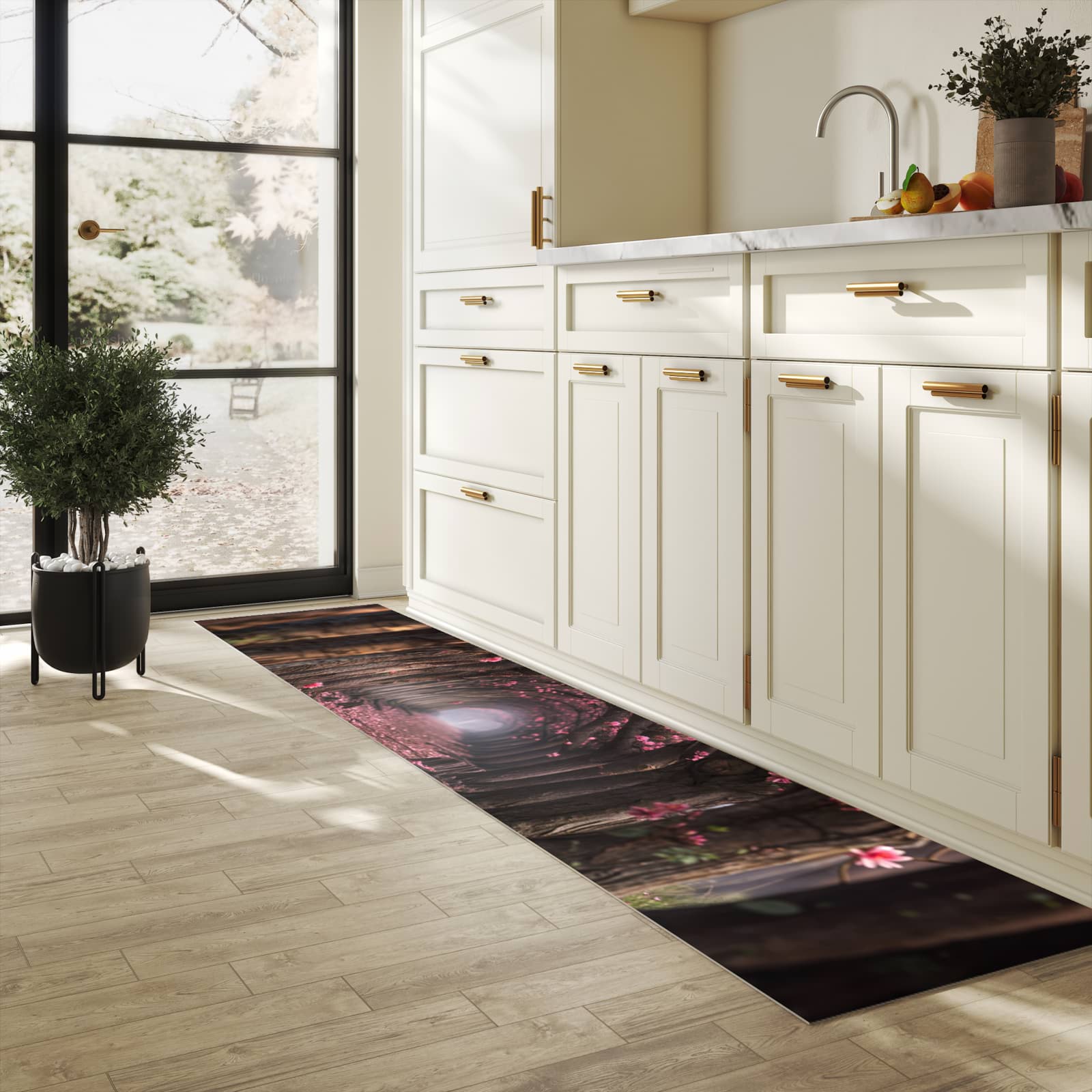 Pflegeleichter Küchenläufer nach Maß mit Motiv Blütenweg in heller Küche