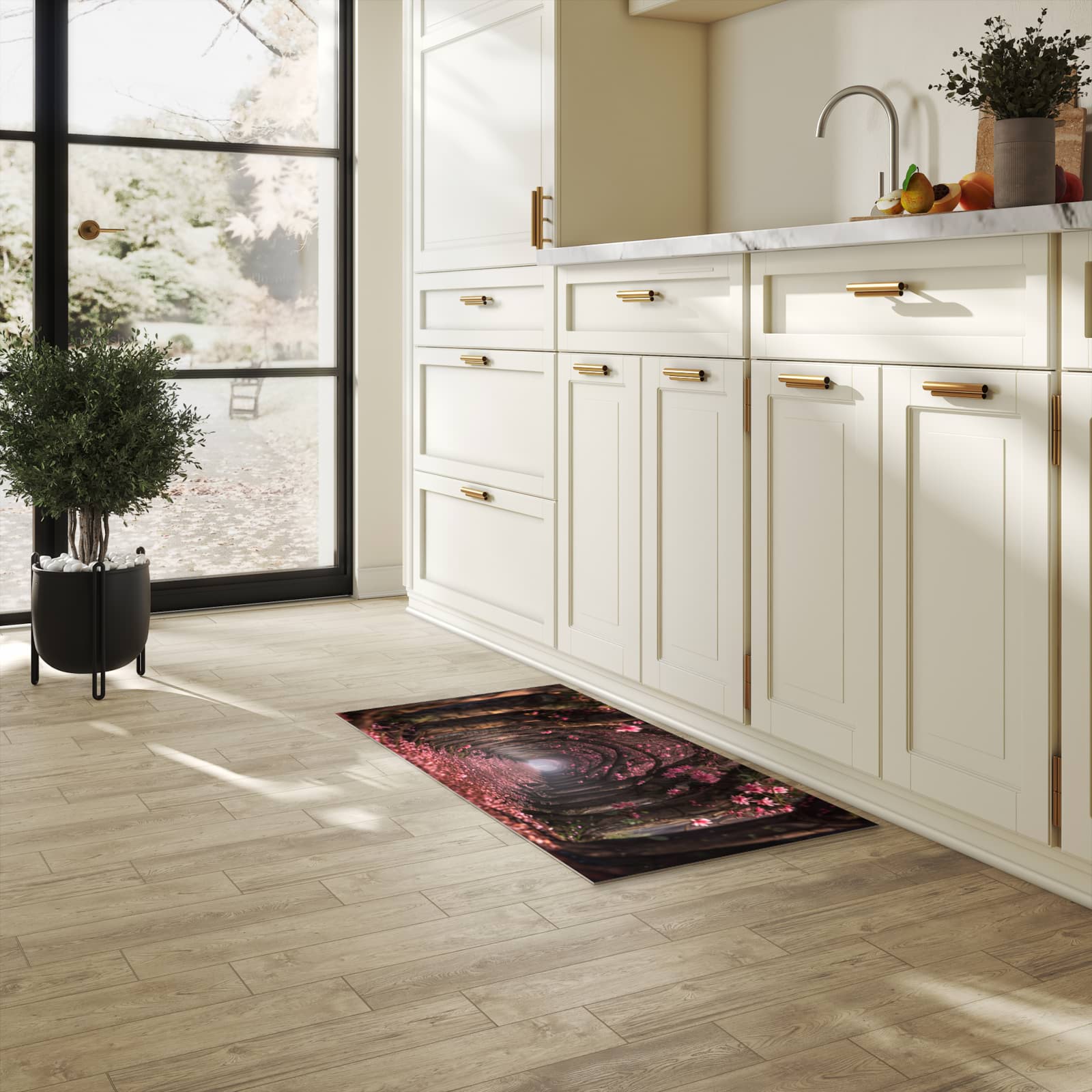 Langlebiger rutschfester Küchenläufer mit Motiv Blütenweg in heller Küche