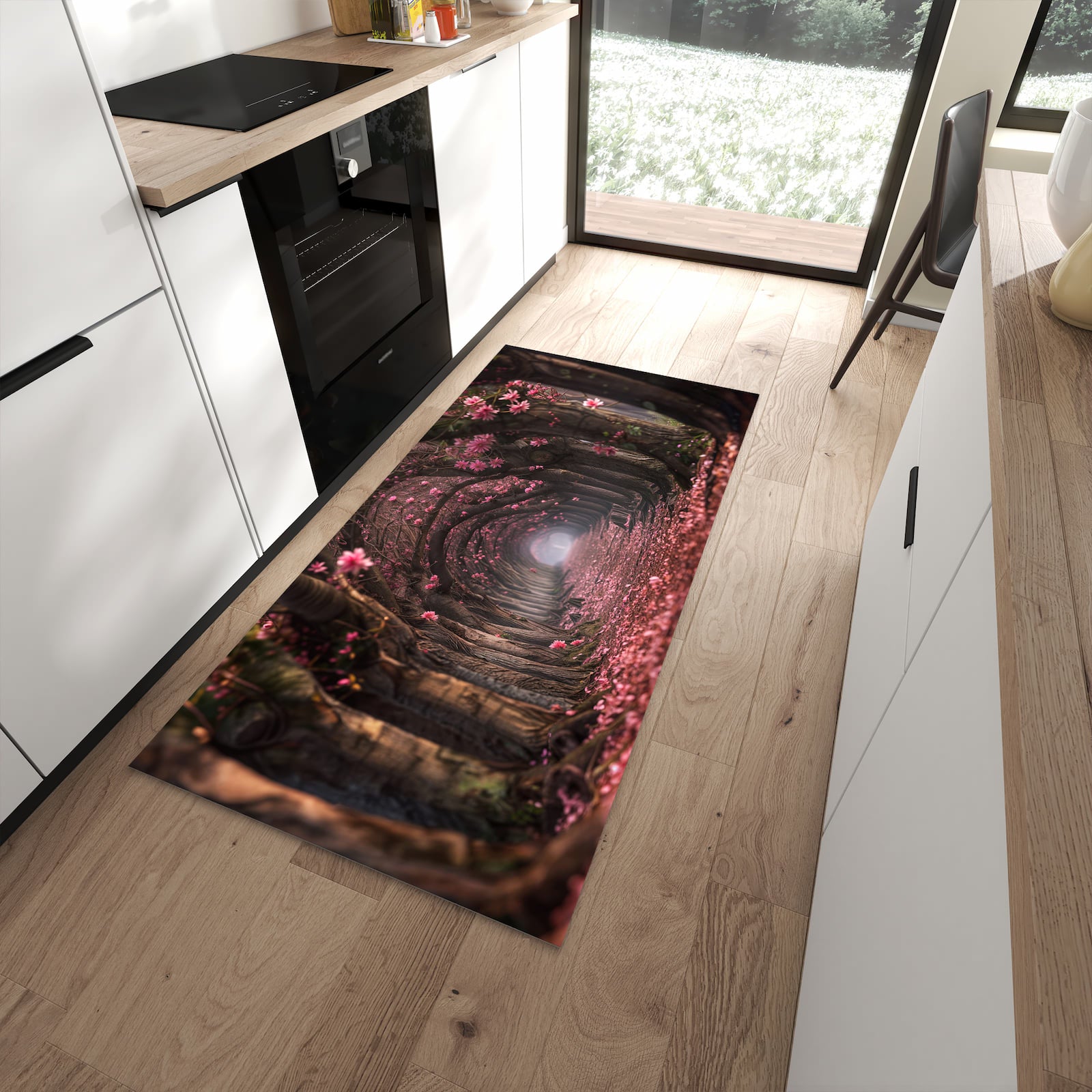 Abriebfester Küchenteppich mit Motiv Blütenweg in moderner Küche