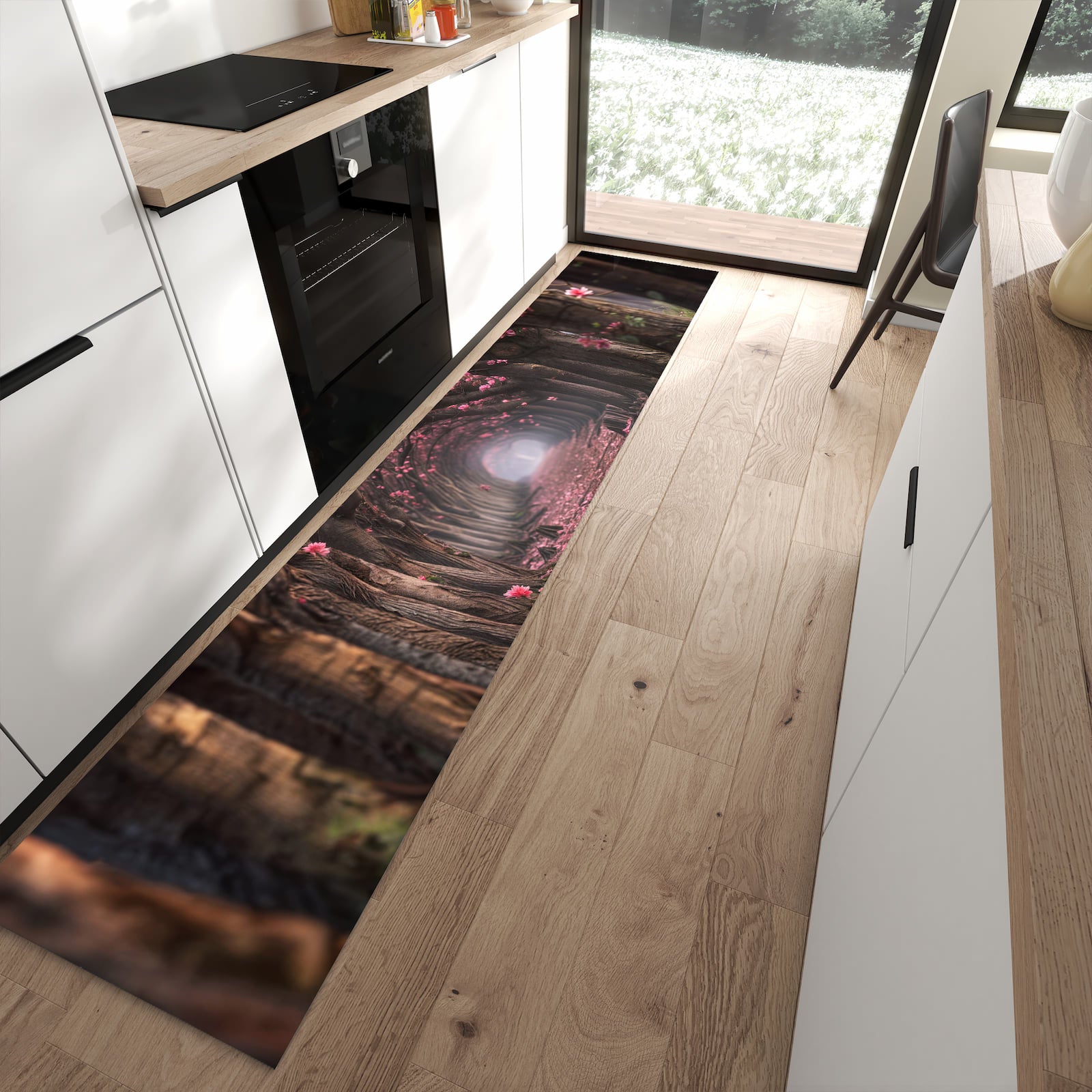 Bodenschonender waschbarer Küchenläufer mit Motiv Blütenweg in moderner Küche