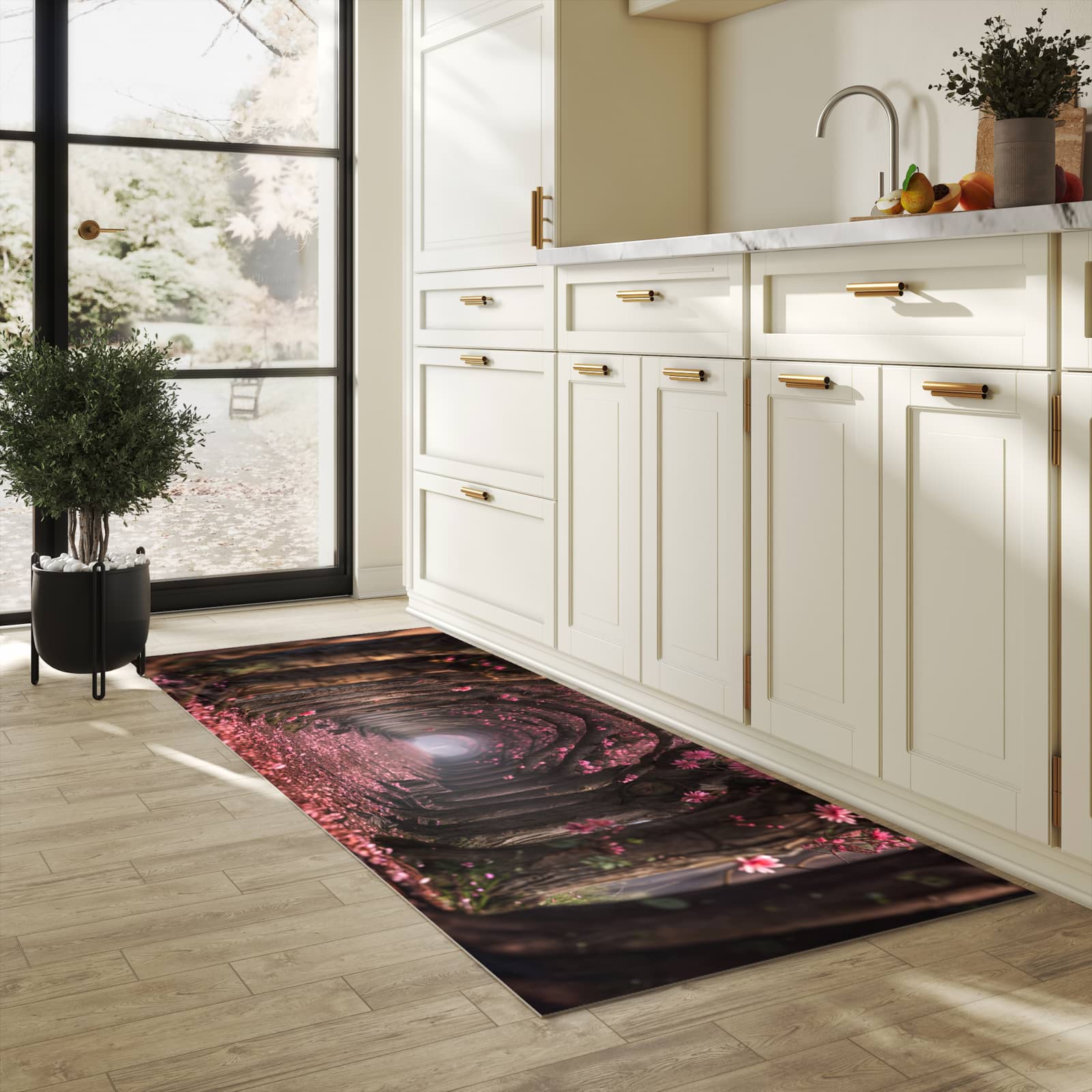 Feuchtigkeitsresistenter Teppich für Küche mit Motiv Blütenweg in heller Küche