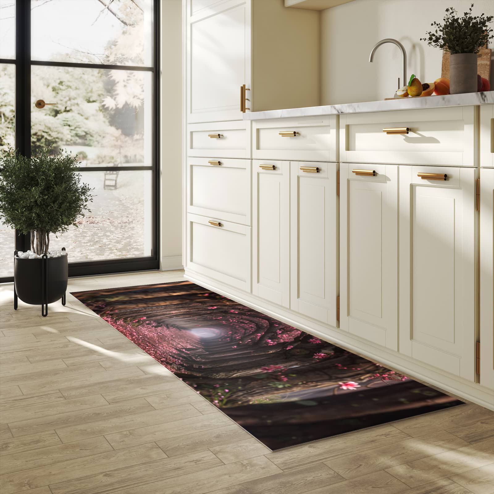 Strapazierfähiger abwaschbarer Küchenläufer mit Motiv Blütenweg in heller Küche