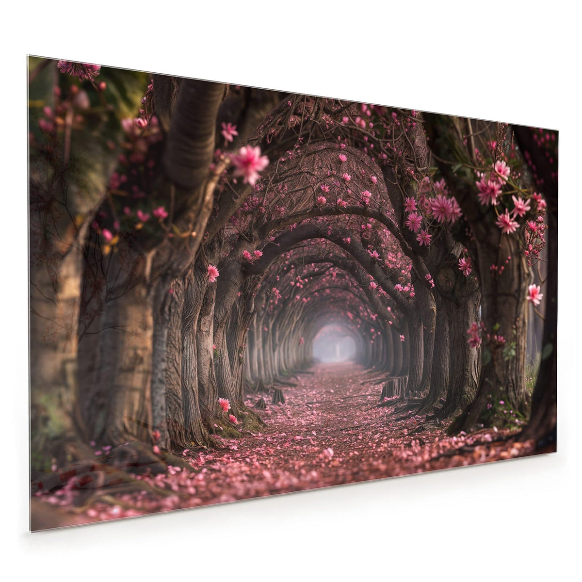 Küchenrückwand aus Glas im Hochformat: Allee aus verwachsenen Bäumen, die einen Tunnel bilden, Boden und Kronen voller rosa Blüten