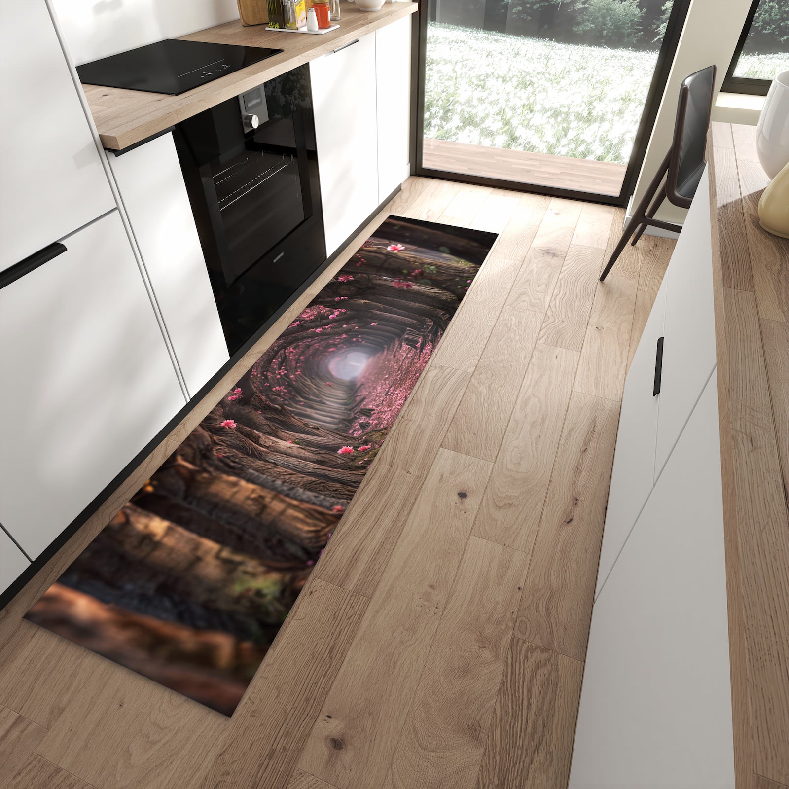 Bodenschonender Küchenteppich mit Motiv Blütenweg in moderner Küche