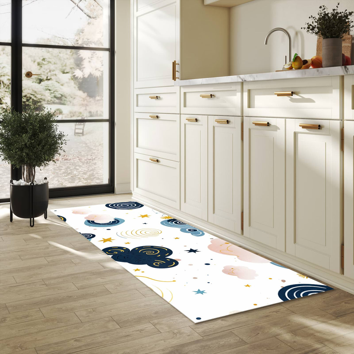 Waschbarer Küchenteppich mit Motiv Wirbelwolken Design für Trittkomfort in heller Küche
