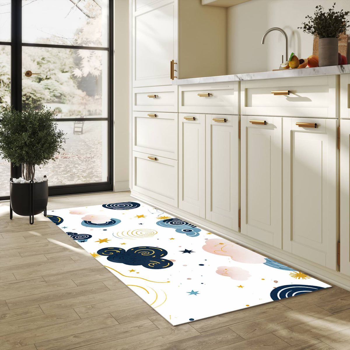 Geruchsneutraler rutschfester Küchenläufer mit Motiv Wirbelwolken Design in heller Küche