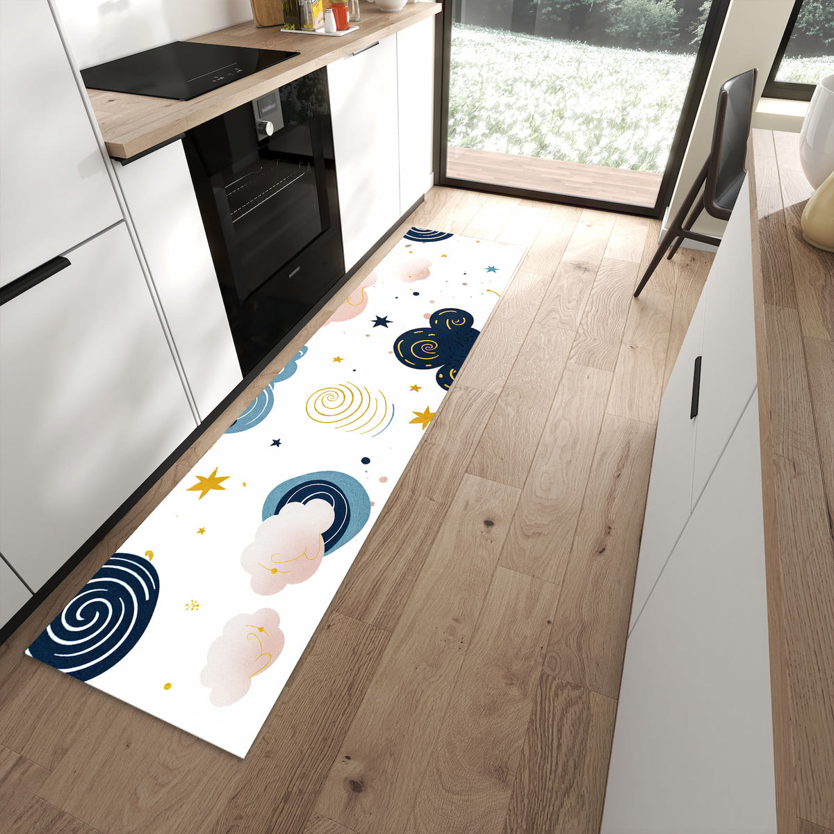 Langlebiger Küchenteppich mit Motiv Wirbelwolken Design in moderner Küche