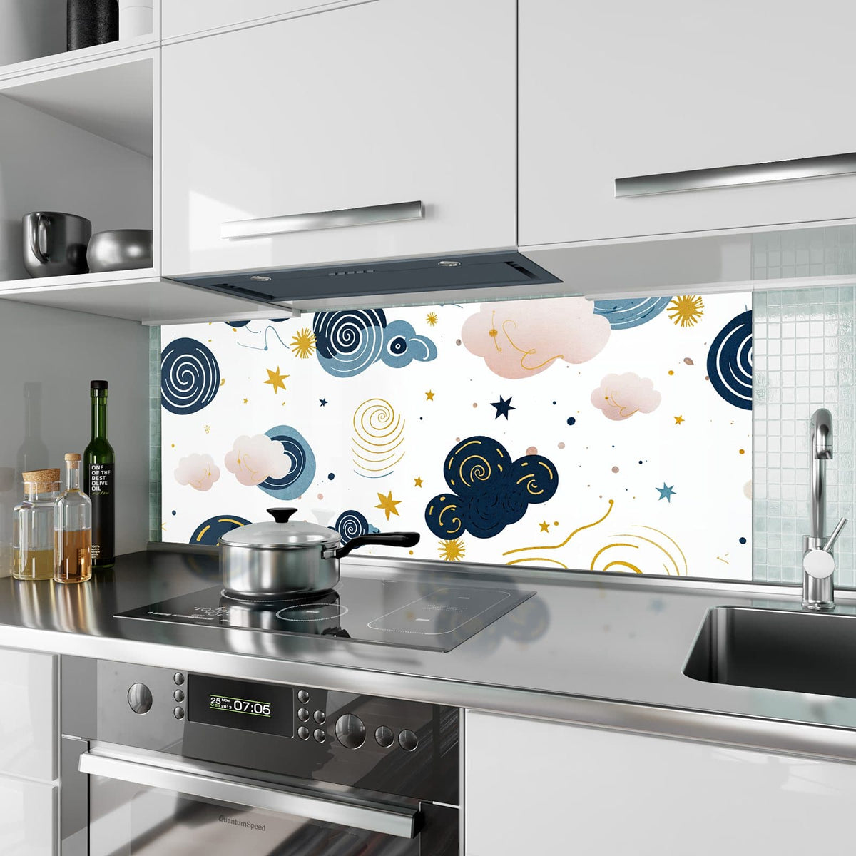 Küchenrückwand aus Glas Blaue Wolken und Sterne im Hochformat als Spritzschutz hinter dem Kochfeld, über dem Fliesenspiegel montiert